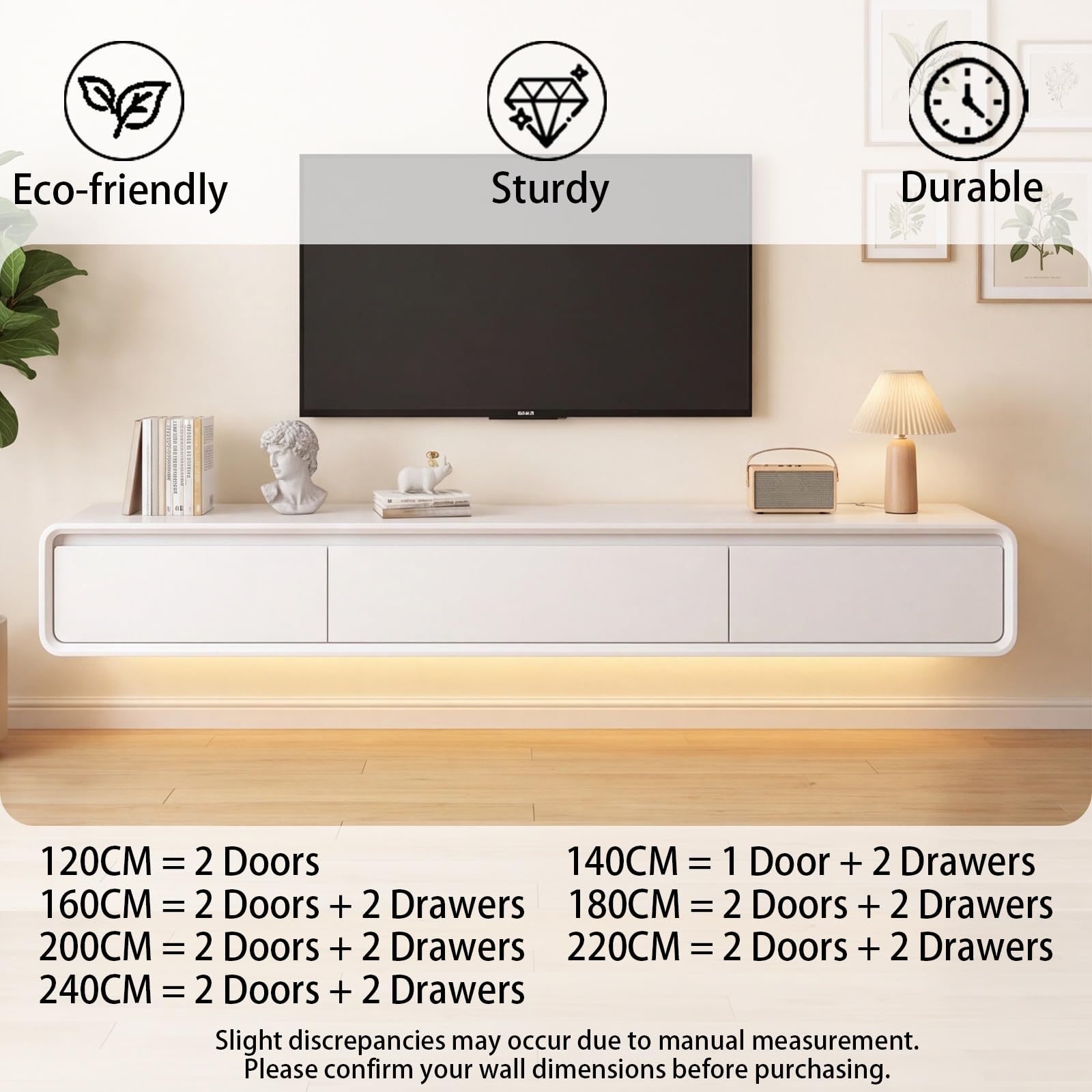 Mueble de TV de Madera Maciza,Mueble de TV Flotante, Mueble Bajo de Pared para TV, Adecuado para el Salón y el Dormitorio,Blanco 240CM-LED