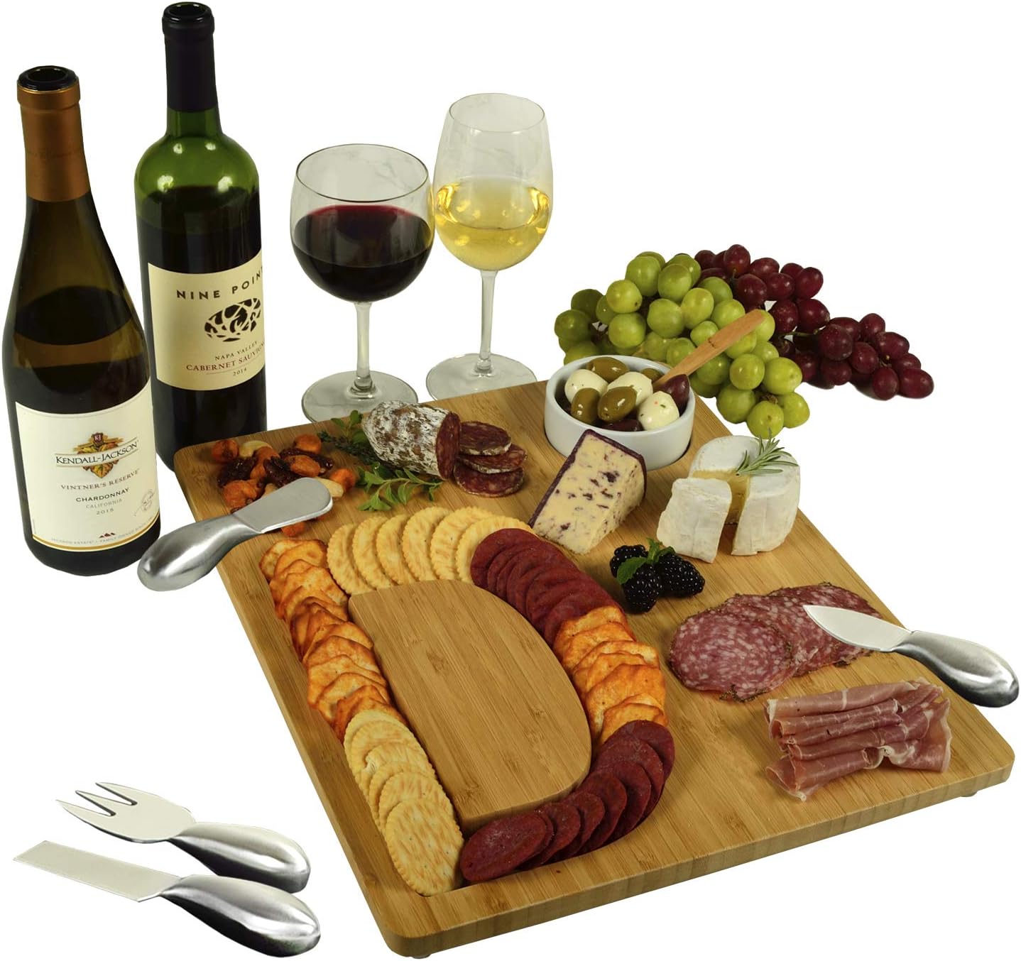 Picnic at Ascot Monogrammed Bamboo Cheese & Cracker Serving Board with cheese tools & Ceramic Bowl - Letter 'I'