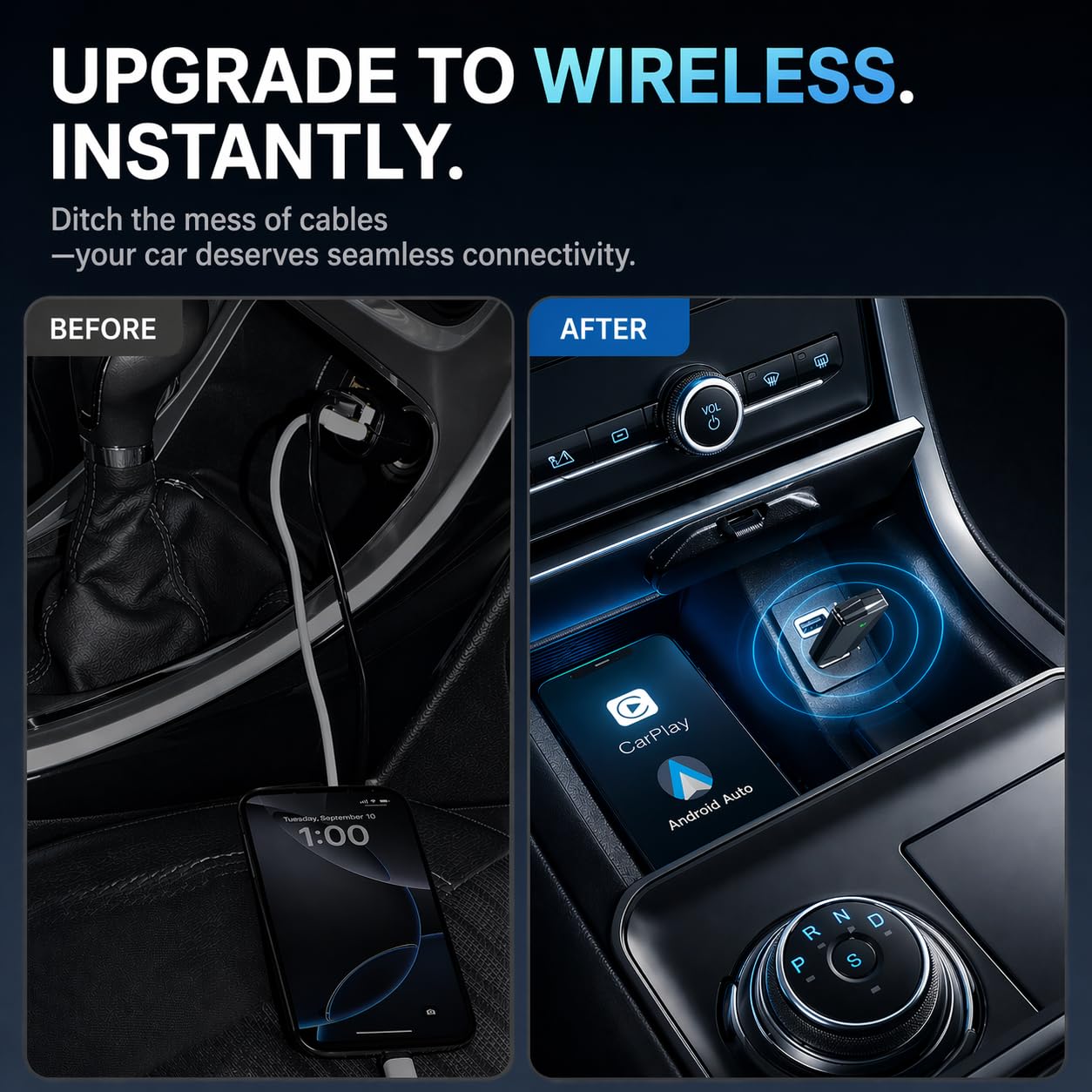 Adaptateur CarPlay sans Fil Android Auto Wi-Fi 5,8GHz Plug & Play iOS 10+ Android 10+ pour Voitures 2016+