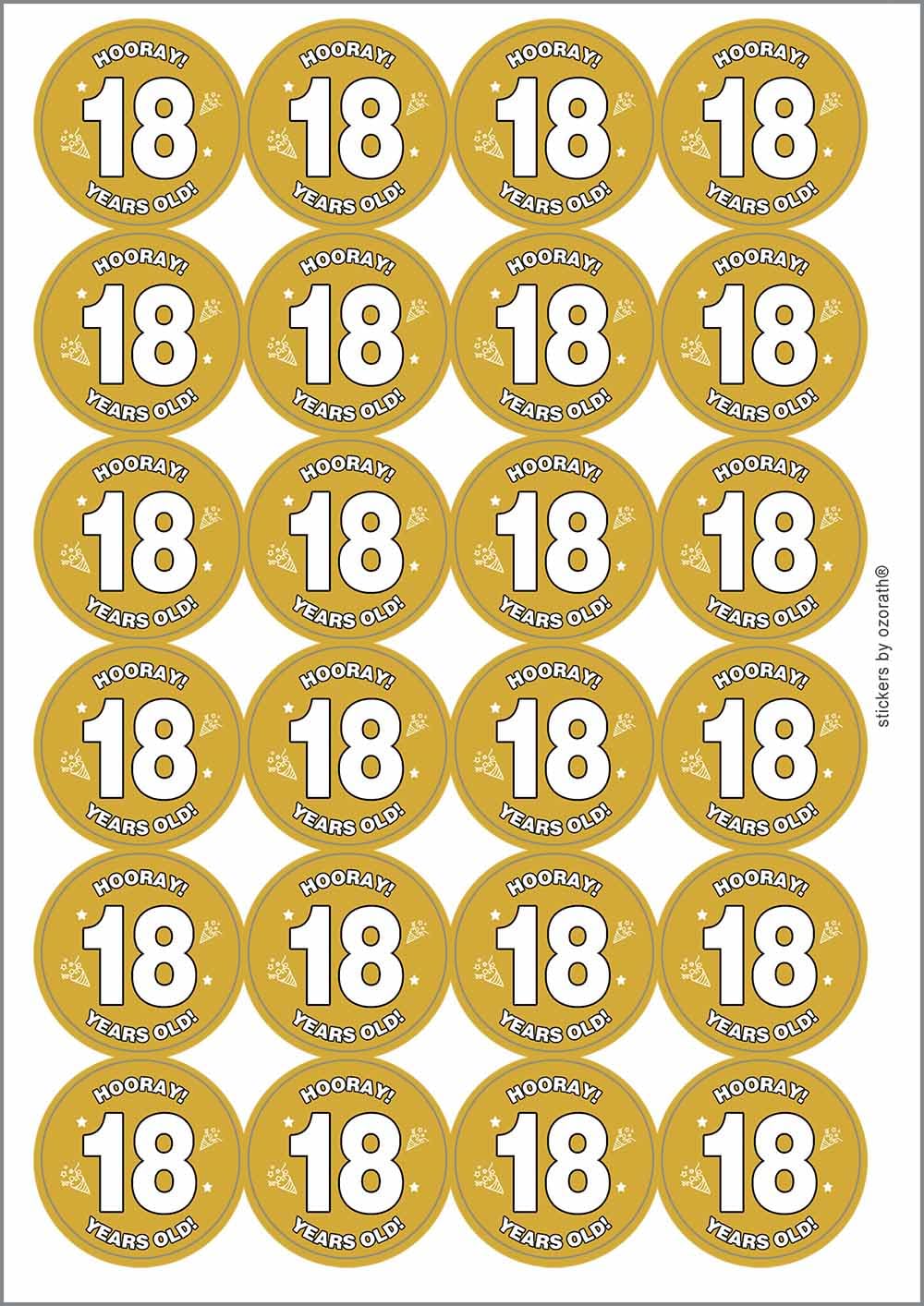 Hooray 18 Eighteen Eighteenth 18th Birthday Circular Matt Paper Stickers A4 Sheet of 24 (Each Sticker is 45mm Diameter)
