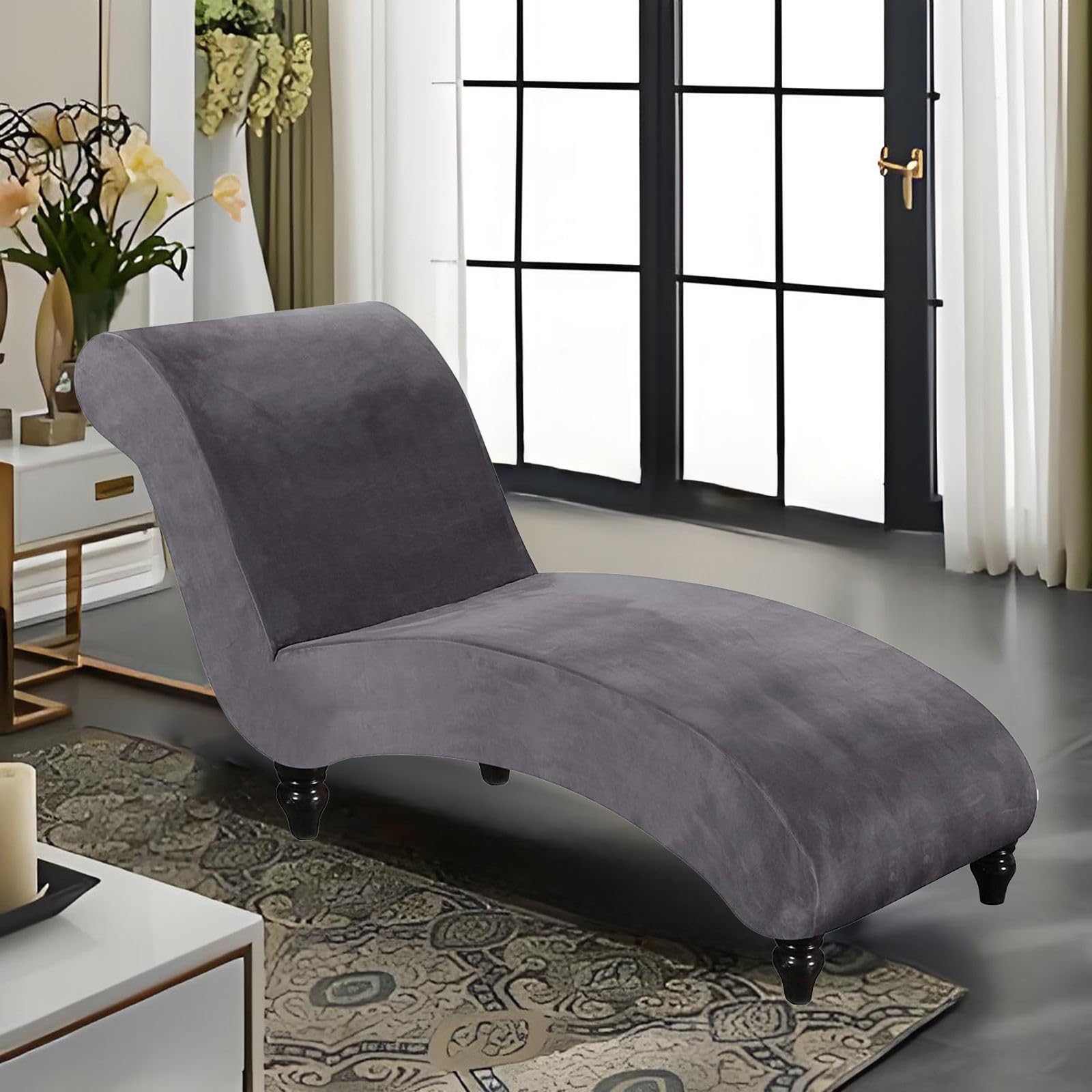 CLGTY Velvet Chaise Lounge Cover, Stretch Armless Chaise Chair Cover Thick Soft Armless Chaise Chair Cover Washable Chaise Lounge Slipcover Indoor for Living Room Bedroom-Dark Grey-1 Piece
