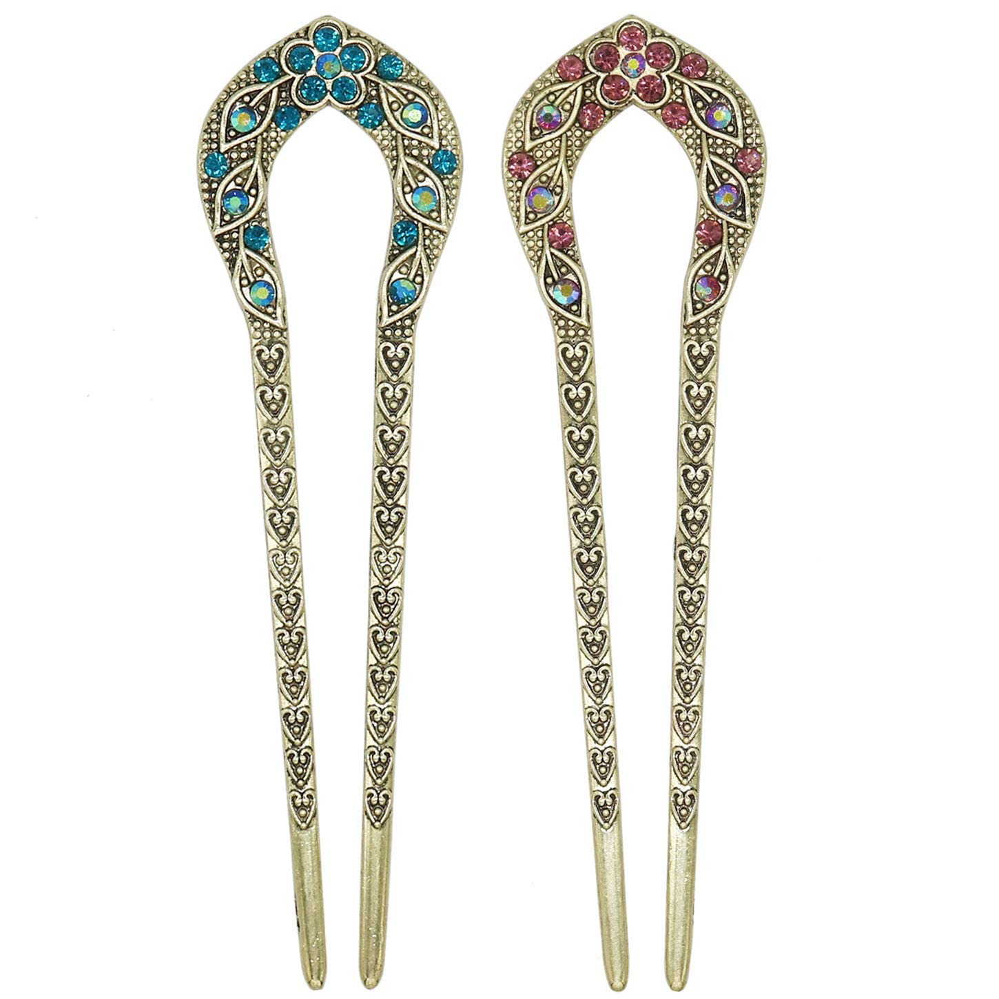 2 Pcs Vintage Hair Stick, Crystal Rhinestone Double Prong Hair Pin Stick Hairstyle Chignon Hairpin