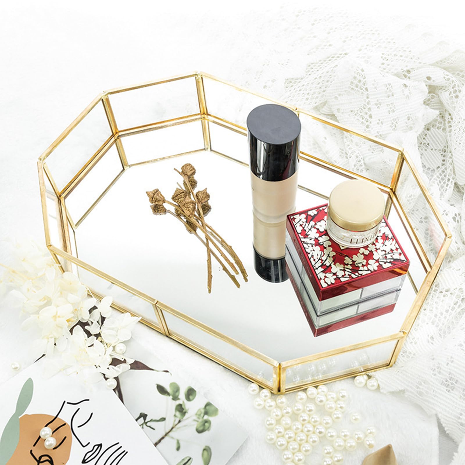 Bandeja de cristal dorado con espejo, bandeja decorativa de polígono, organizador de perfume, bandeja de maquillaje para tocador, mesa, decoración del hogar, 31,5 cm