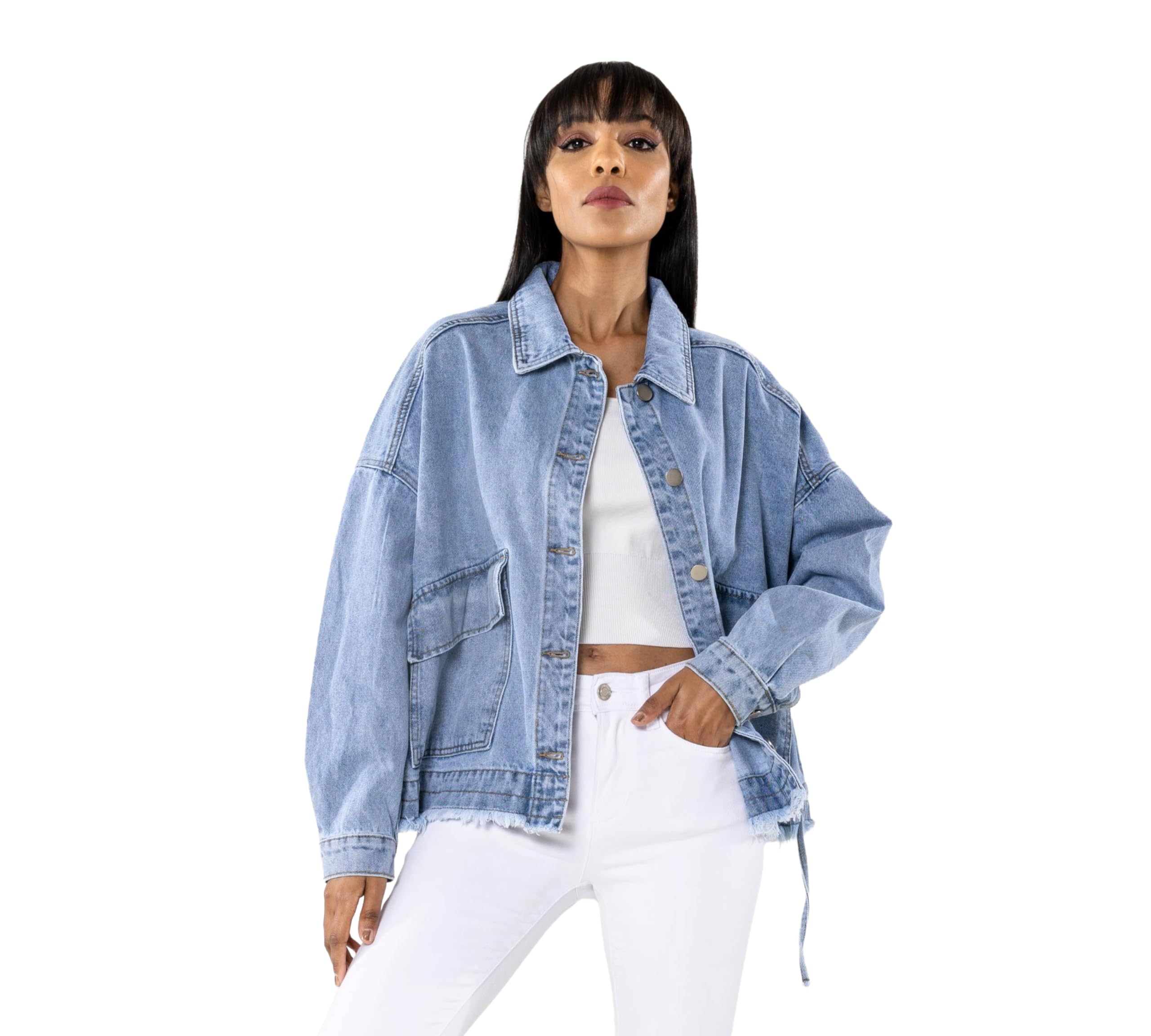 Nina Carter Damen Oversized Jeansjacke – Lockere Denim Jacke mit Knopfleiste und großer Tasche, Casual Übergangsjacke für Frühling und Herbst