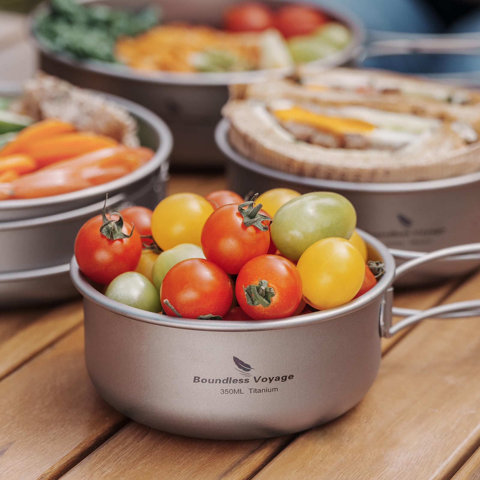 Set Ciotole In Titanio Per Campeggio - 500+600 Ml, Ultraleggere Con Manico Pieghevole E Rete - Foto 3