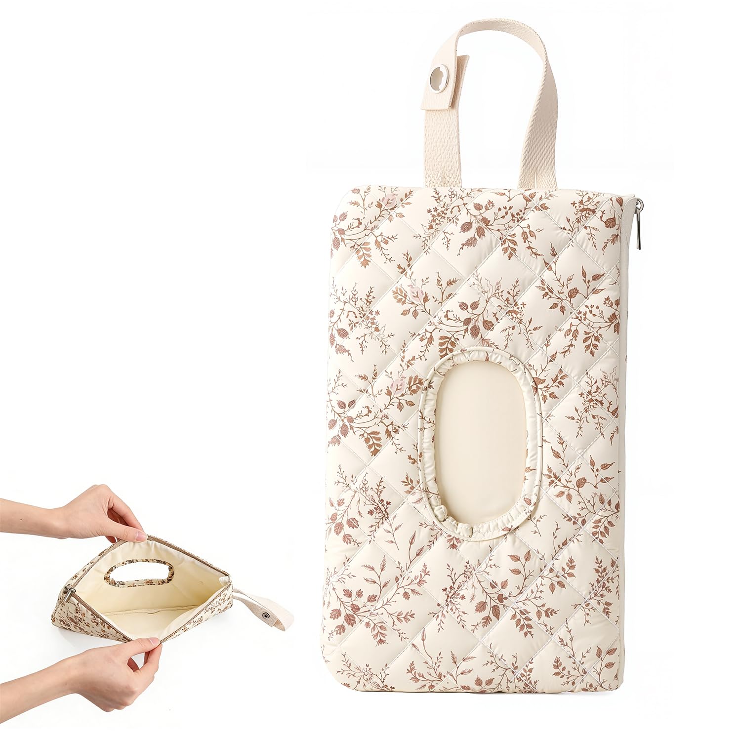 Wipe Holder Floral Diaper and Wipes Pouch Portable Hanging Wipes Bag for Car, Resuable Wet Wipe Pouch for Travel & Outdoor, Beige - 2