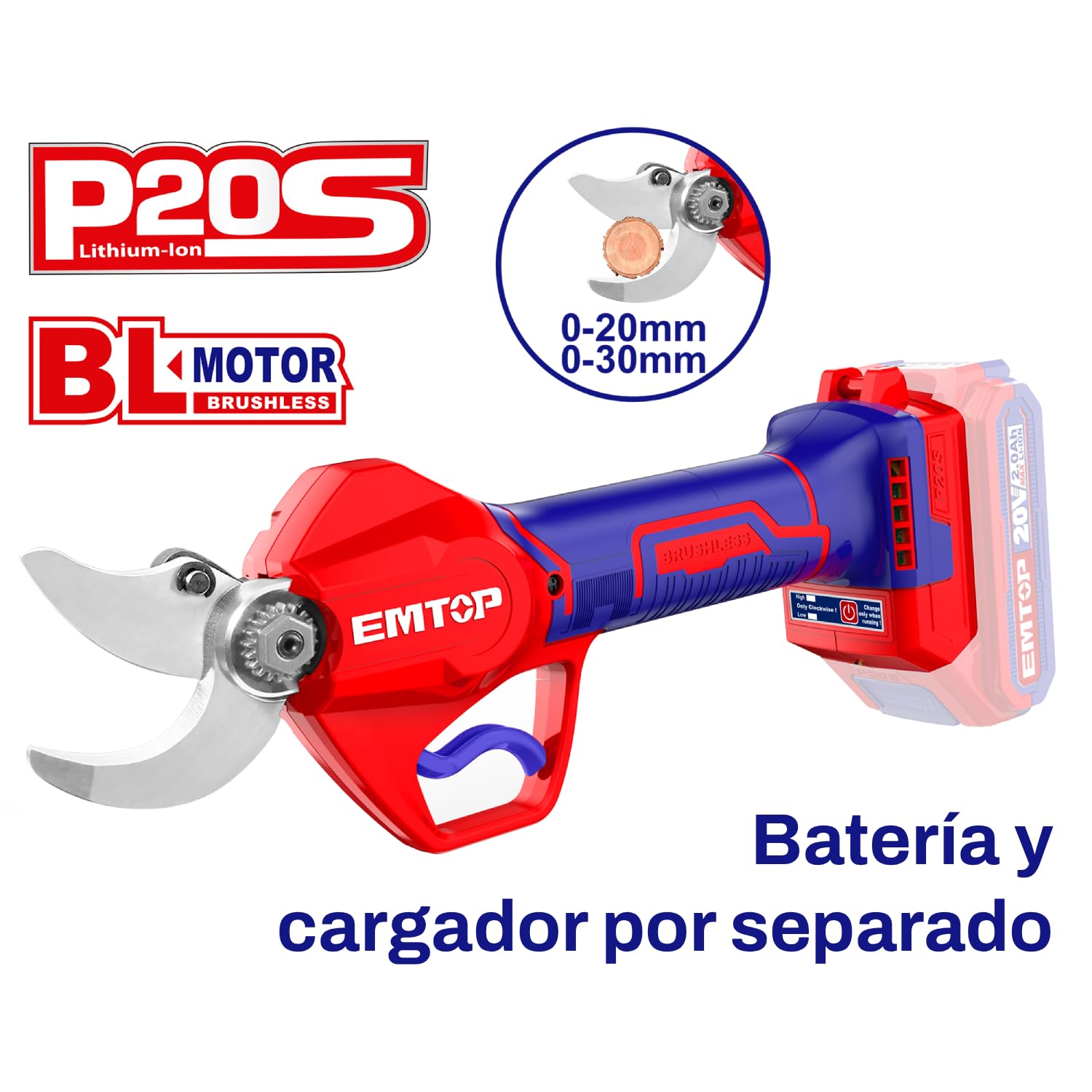 EMTOP - Tijera de poda | 20 V | 2 KG | Apertura Corte 20-30 MM | Diseño Ligero y Manejable para Mayor Comodidad | para Poda en Viñas, Frutales y Mantenimiento de Jardín | Acero de Calidad