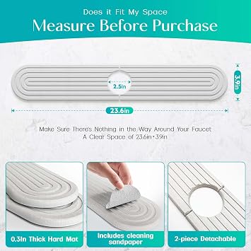 Stone Faucet Mat for Kitchen Sink Diatomite Fast-Drying Stone Tray, Faucet Mat Sink Splash Guard, Decorative Sink Protector for Kitchen Bathroom Counter (Light Grey, 23.6''x3.9'')