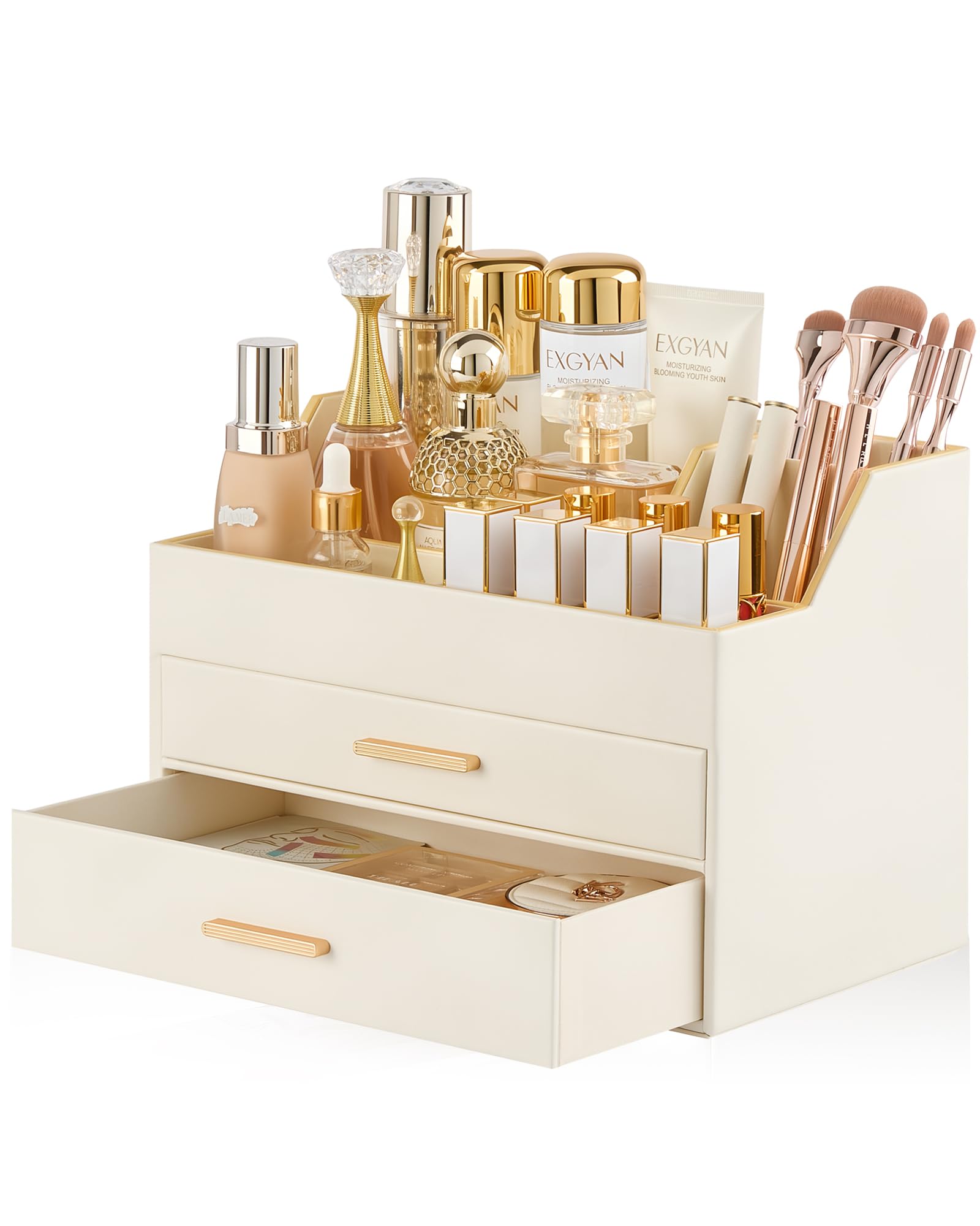 Lolalet Beige Makeup Organizer For Vanity Desk, 3-Layer Pu Leather Luxury Make Up Storage Cosmetics Holder Box With Drawers