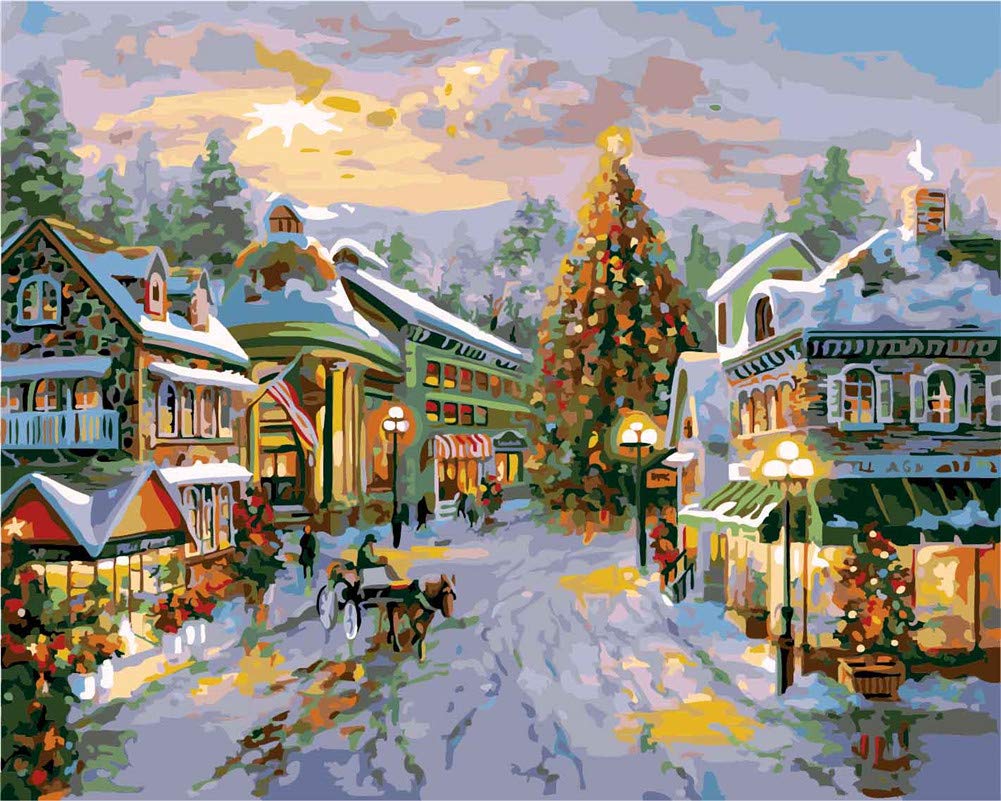 Awesocrafts White Paint By Numbers Kits, Town Christmas Tree View Number Painting For Adults And Kids 16X20 Inch (Merry Christmas, No Frame)