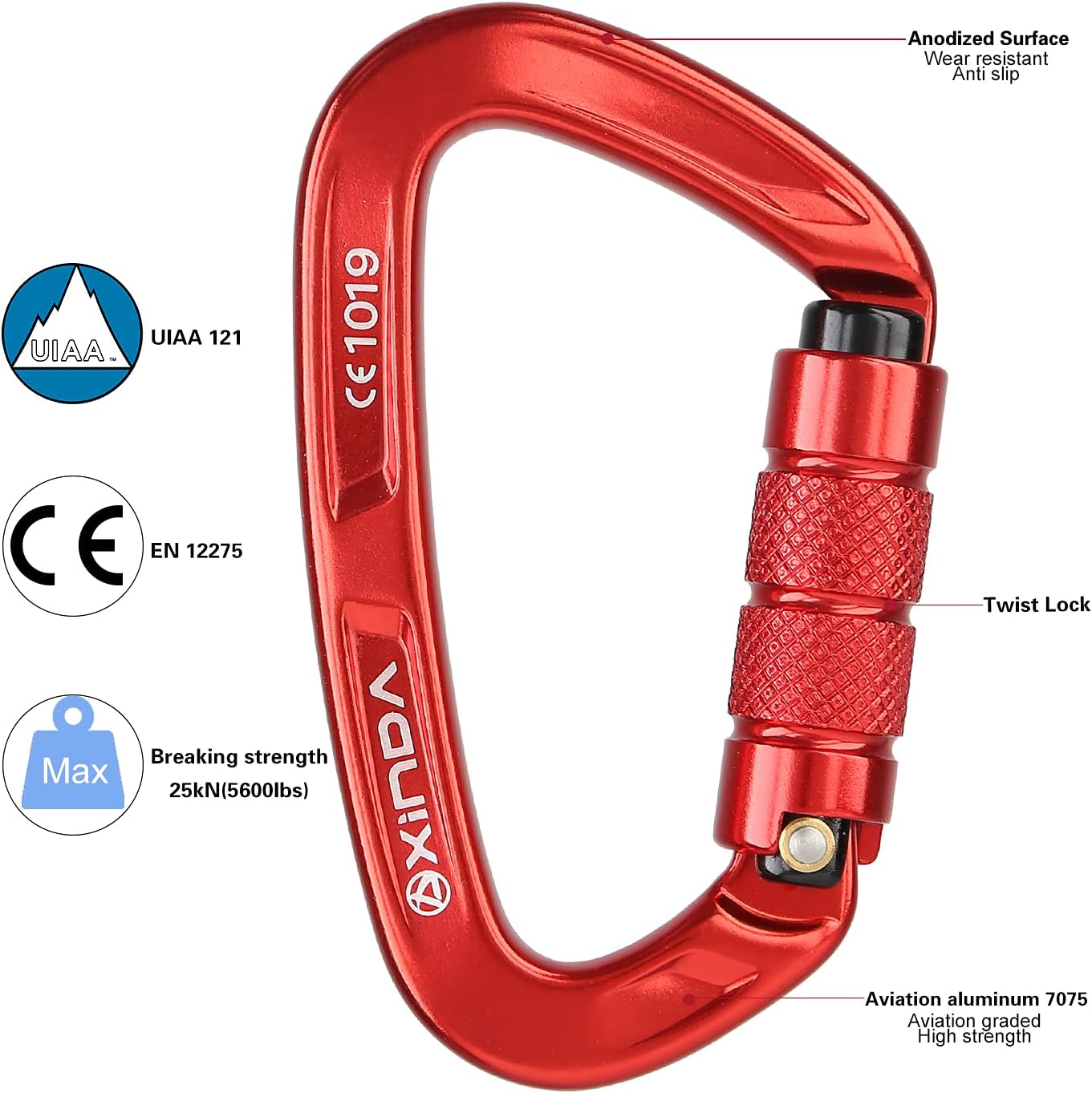 XINDA 25KN Auto Locking Climbing Carabiner - D Shaped Twist Lock Carabiner CE UIAA Certified, Heavy Duty Carabiners Clip for Rock Climbing,Rappelling,Camping,Hiking,Hammocks,Swings (2 pcs Red) : Sports & Outdoors