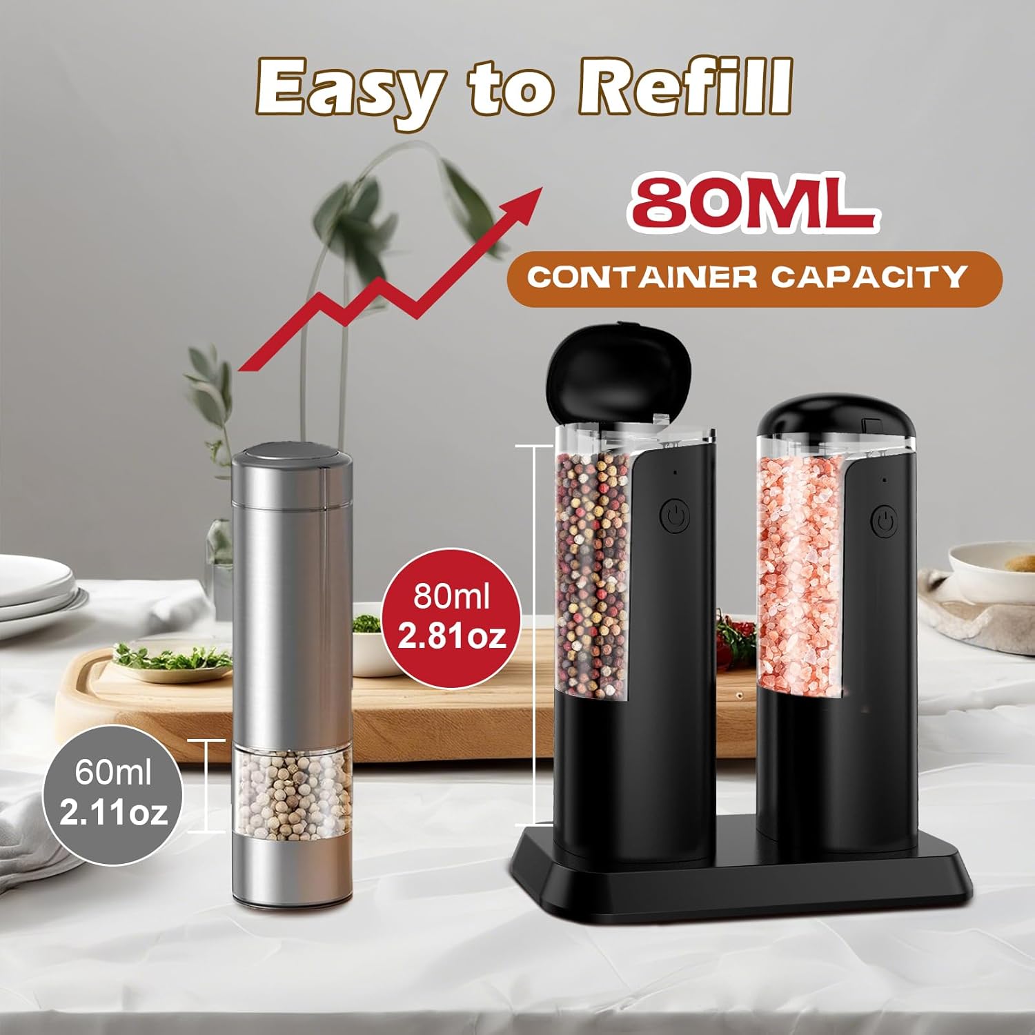 electric salt and pepper grinder set: rechargeable salt and pepper shakers set electric for gravity spice grinders adjustable automatic peppercorns mills refillable shaker mill large capacity