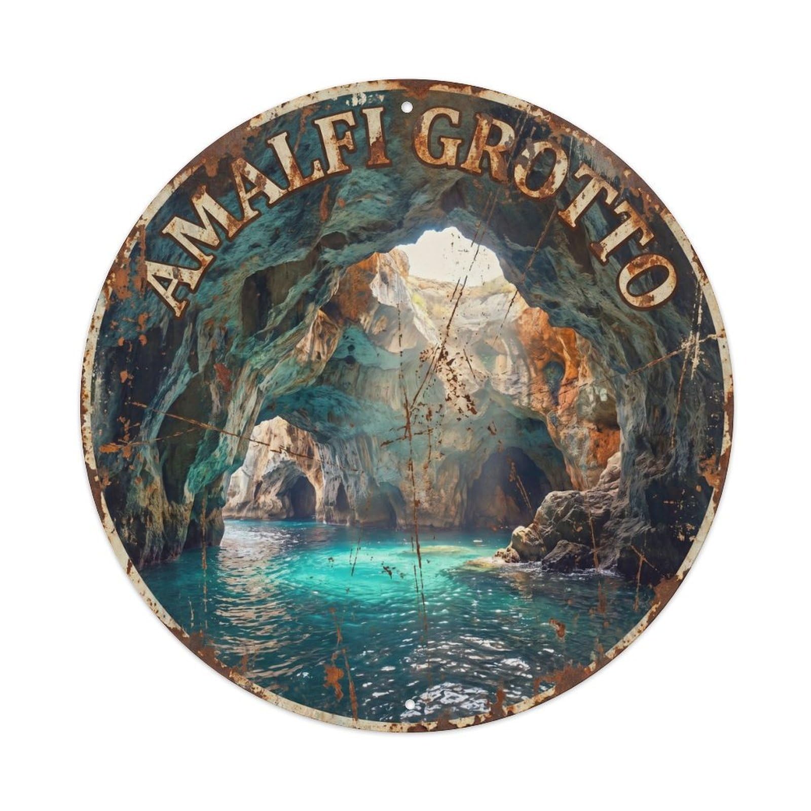Vintage Travel Italy Coastal Grotto Cave Metal Tin Sign Plaque Wall Decor for Cafe, Club, Garden Round Metal Poster 8x8Inch