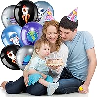 Vista 6 de Threan 48 globos de fiesta ovni del espacio exterior, globos de látex de 12 pulgadas con temática espacial de galaxia, globo metálico de astronauta