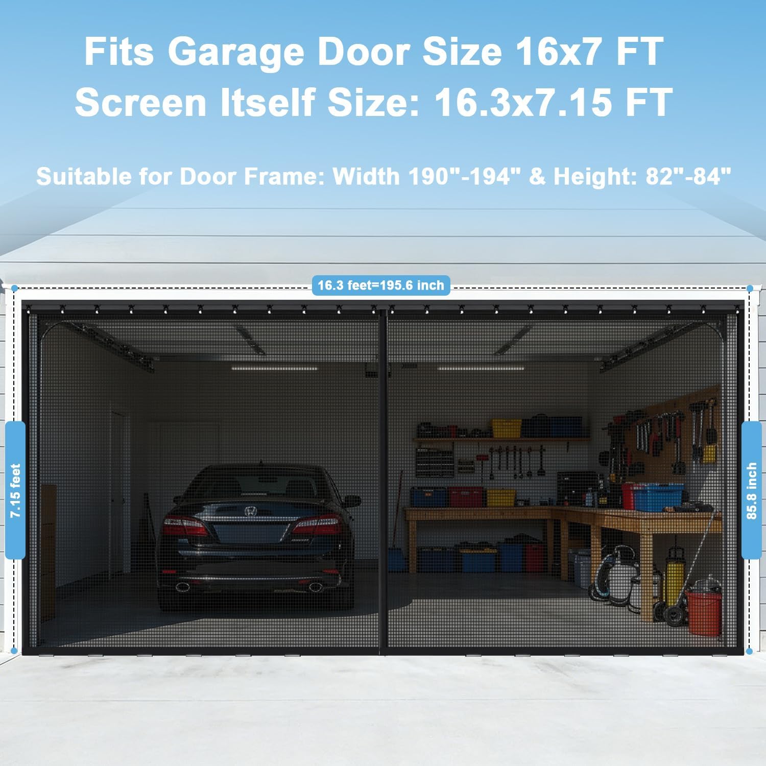 Sliding Garage Screen Doors for 2 Car Garage - 16x7FT | Fiberglass Mesh Garage Net Screen,Heavy Duty Magnetic Retractable w/Track Closure w/ Sleeve,Weighted Bottom,Easy Assembly