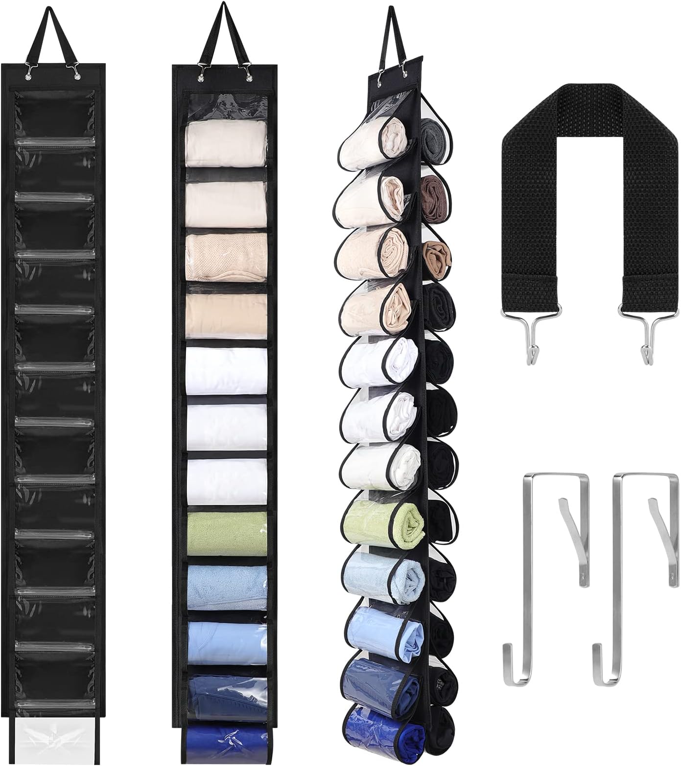 Legging Storage Organizer, 24 Roll Independent Clear Compartments Hanging Closet Organizers and Storage for Clothes, Foldable Space Saving Bags