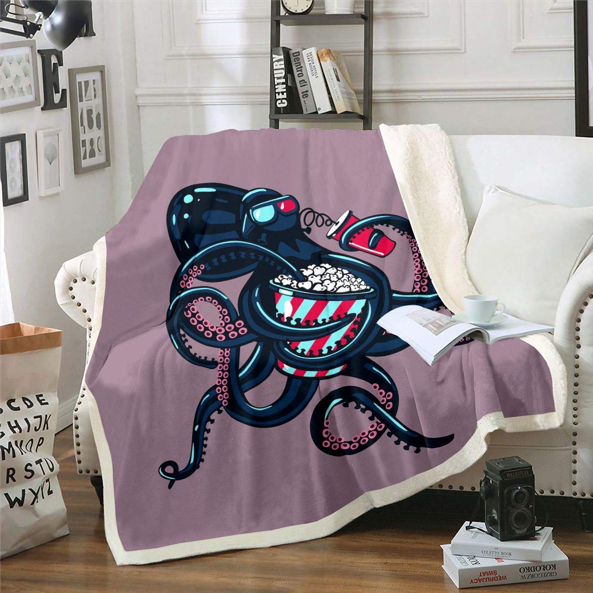 Loussiesd 3D Octopus Fleece Throw Blanket Cartoon Octopus Tentacles Popcorn Movies 3D Glasses Sherpa Blanket for Sofa Bed Hipster Style King 87x94 Inch