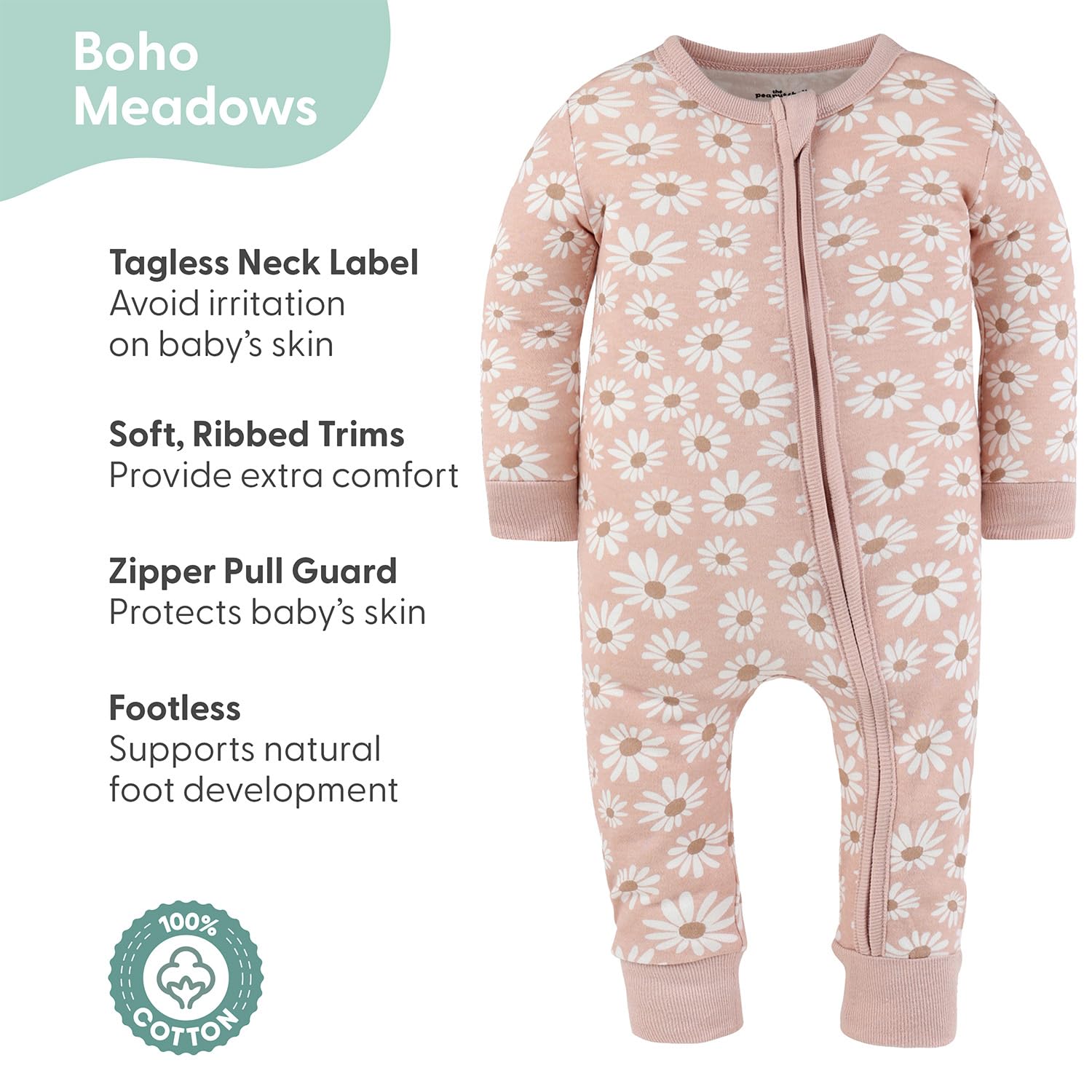 The Peanutshell 2-Pack Sleep and Play Baby Girl Clothes, Soft Cotton Footless Pajamas, Boho Meadow - 3