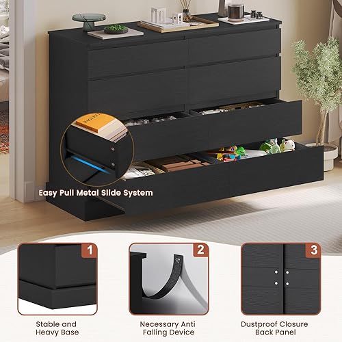 Miniatura 6 de Hasuit Cómoda Negra para Dormitorio, Cómoda Larga con 8 Cajones, Cómodas de Madera de 51.5''W con Cofre de 8 Cajones, Armario de Almacenamiento de