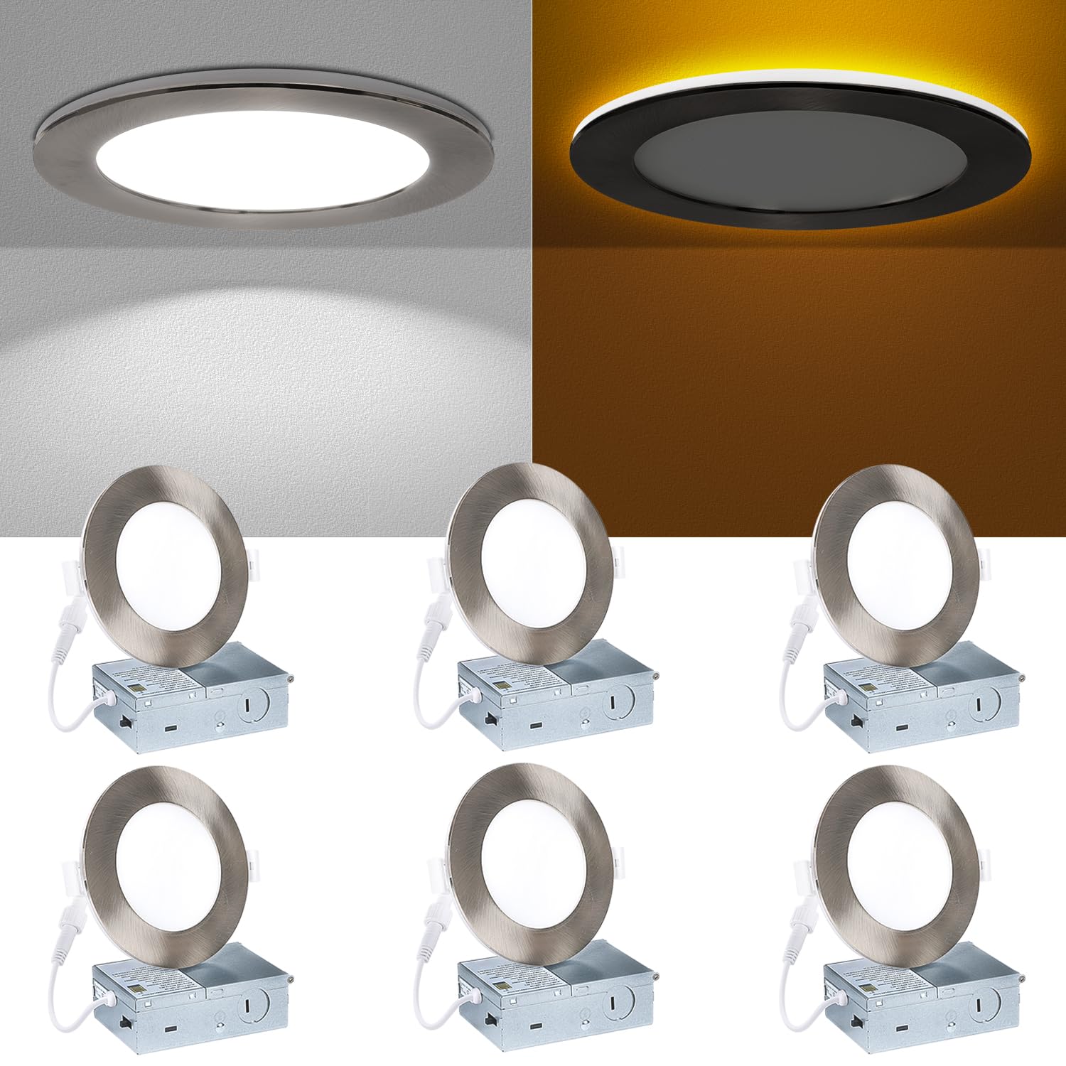 Wembanma Recessed Ceiling Lighting 4 Inch - with Night Light, 750LM Dimmable Downlight, 9W 5CCT 2700K-6000K & 3W 1800K-3000K, Canless Wafer Downlight