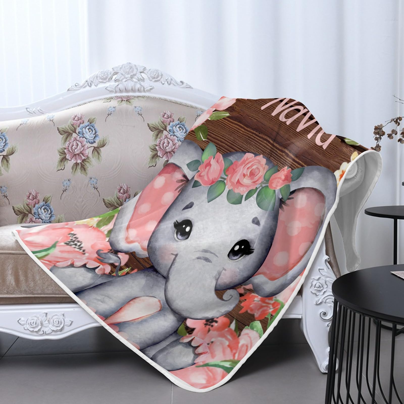GoTussWO Personalized Gift Pink Roses Rustic Wood Elephant Safe Blanket, Stroller Canopy Replacement,40x50Inch
