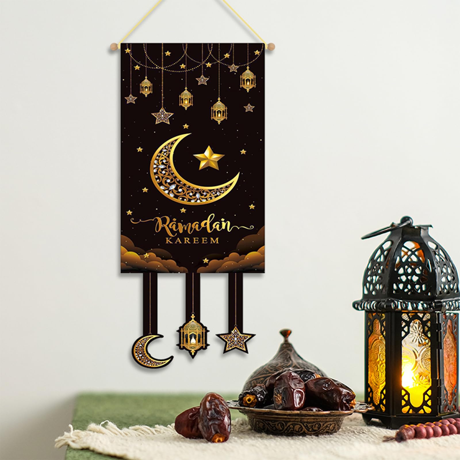 2PCS Eid Decorations Big Banner Background Golden Lantern - Image 4