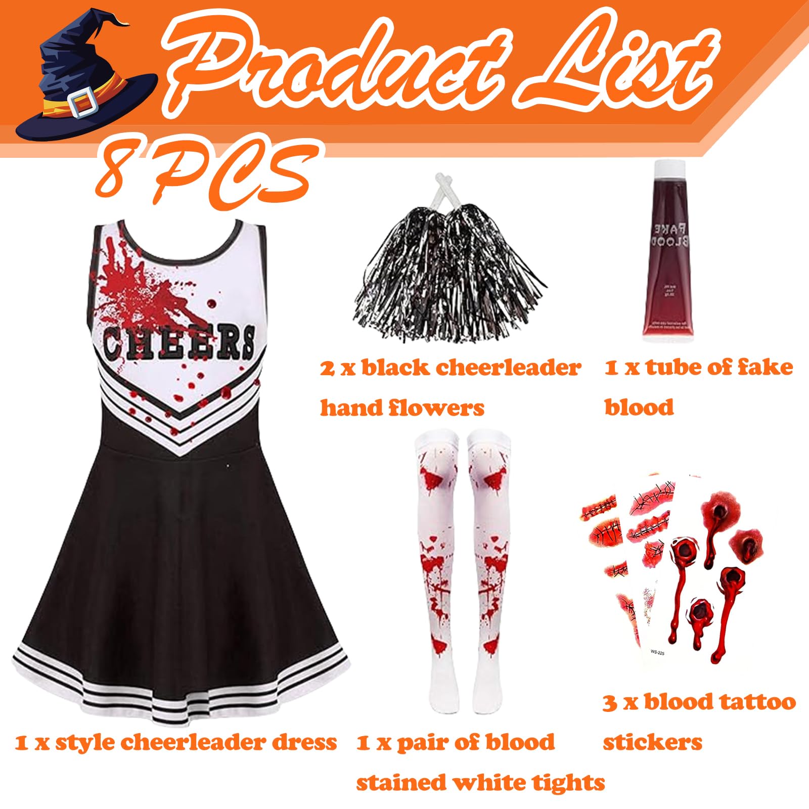 PXDUCN Zombie Cheerleader Costume, Halloween Costumes, 8 Pcs Cheerleader Dead Outfit Party - Image 2