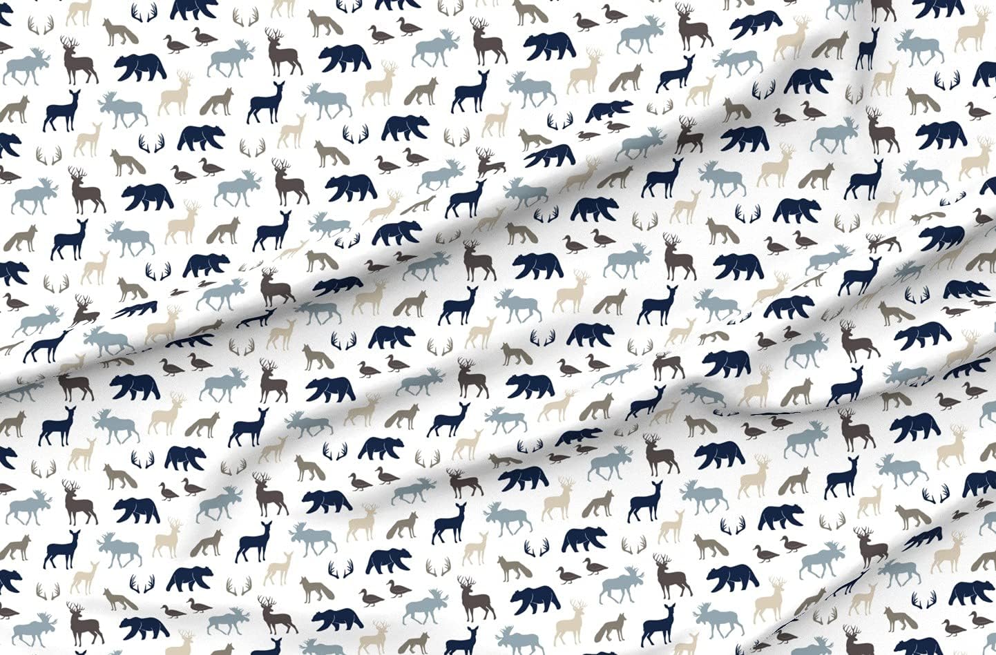 Spoonflower Fabric - Woodland Animals Rustic Woods Collection Navy Moose Boy Trendy Bear Printed on Organic Cotton Sateen Fabric by The Yard - Sewing Quilting Apparel Home Decor