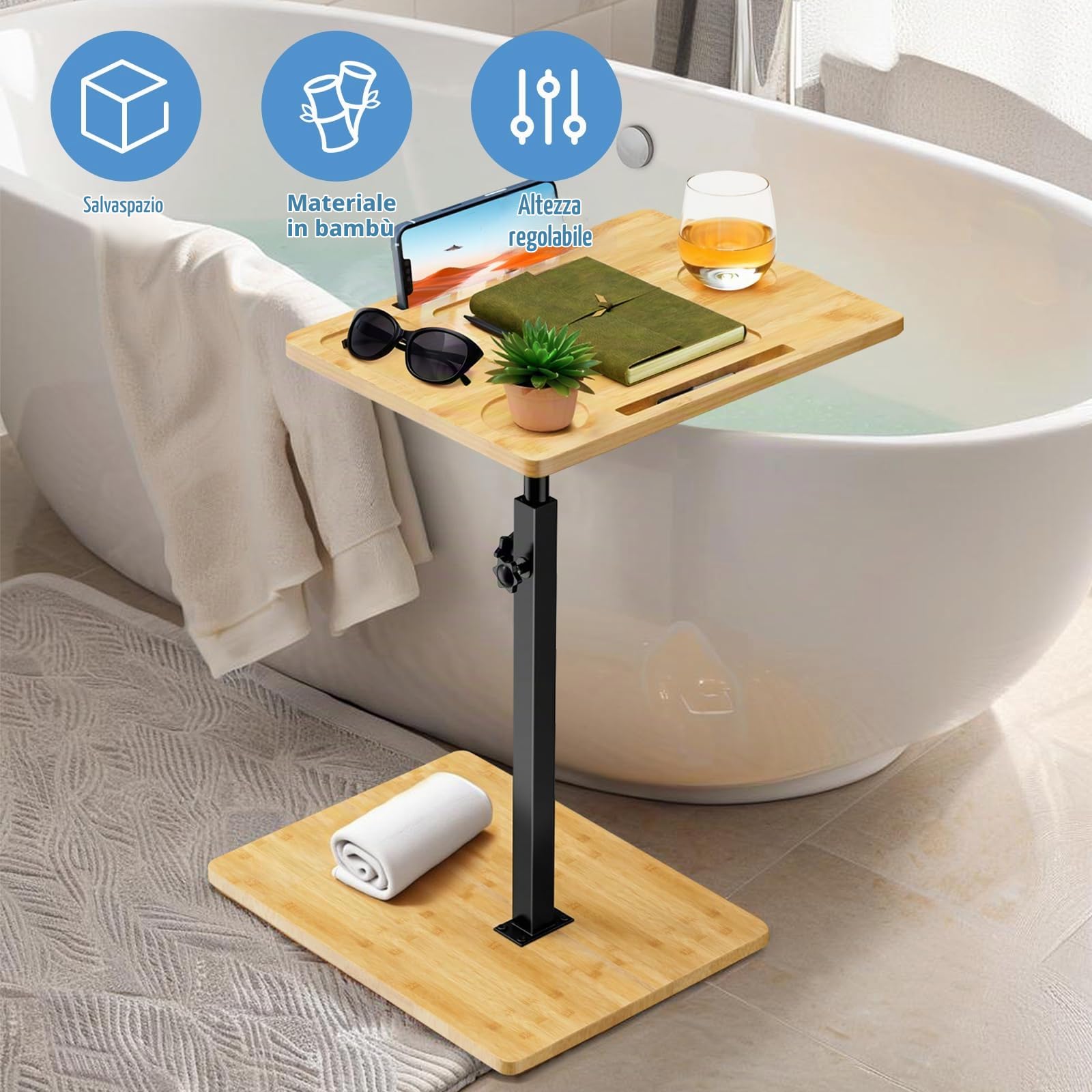 Tavolino Laterale Regolabile in Bambù, Tavolino da Letto, Altezza regolabile, Vassoio per Vasca da Bagno Bambù, Salvaspazio, Comodino