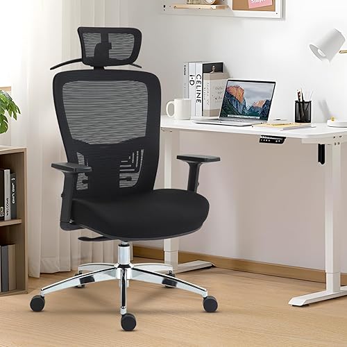 Silla de oficina ergonómica, soporte lumbar ajustable y reposacabezas, reposabrazos 3D, función de inclinación y bloqueo del respaldo, cilindro de