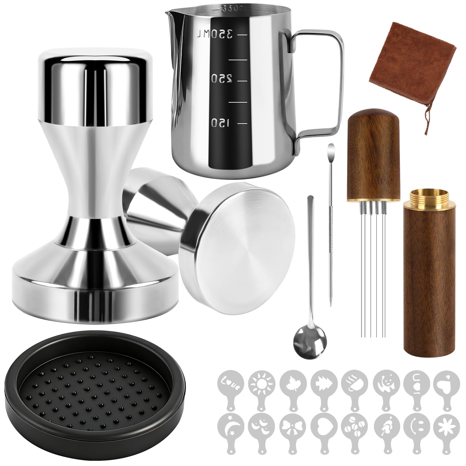 Vicloon 51mm Coffee Tamper Set, 23 PCS Coffee Accessories Barista Set with Espresso Tamper, 16 Decorative Stencils, Milk Jug, Coffee Stirrer, Tamper Mat, Latte Art Pen, Barista Towel