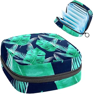 Tropical Green Leaf Navy Blue Period Pouch Portable,Tampon Storage Bag for Sanitary Napkins, Multicolor, 4.7x6.6x6.6 in/12x17x17 cm