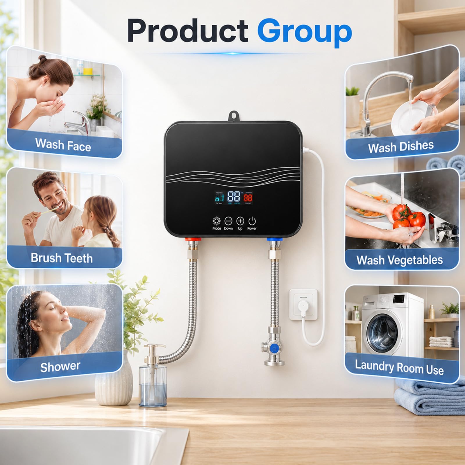 Chauffe-eau électronique de cuisine 6000 W, chauffe-eau électrique avec interrupteur FI et écran tactile LED, mini chauffe-eau instantané Plug and Play pour salle de bain, cuisine