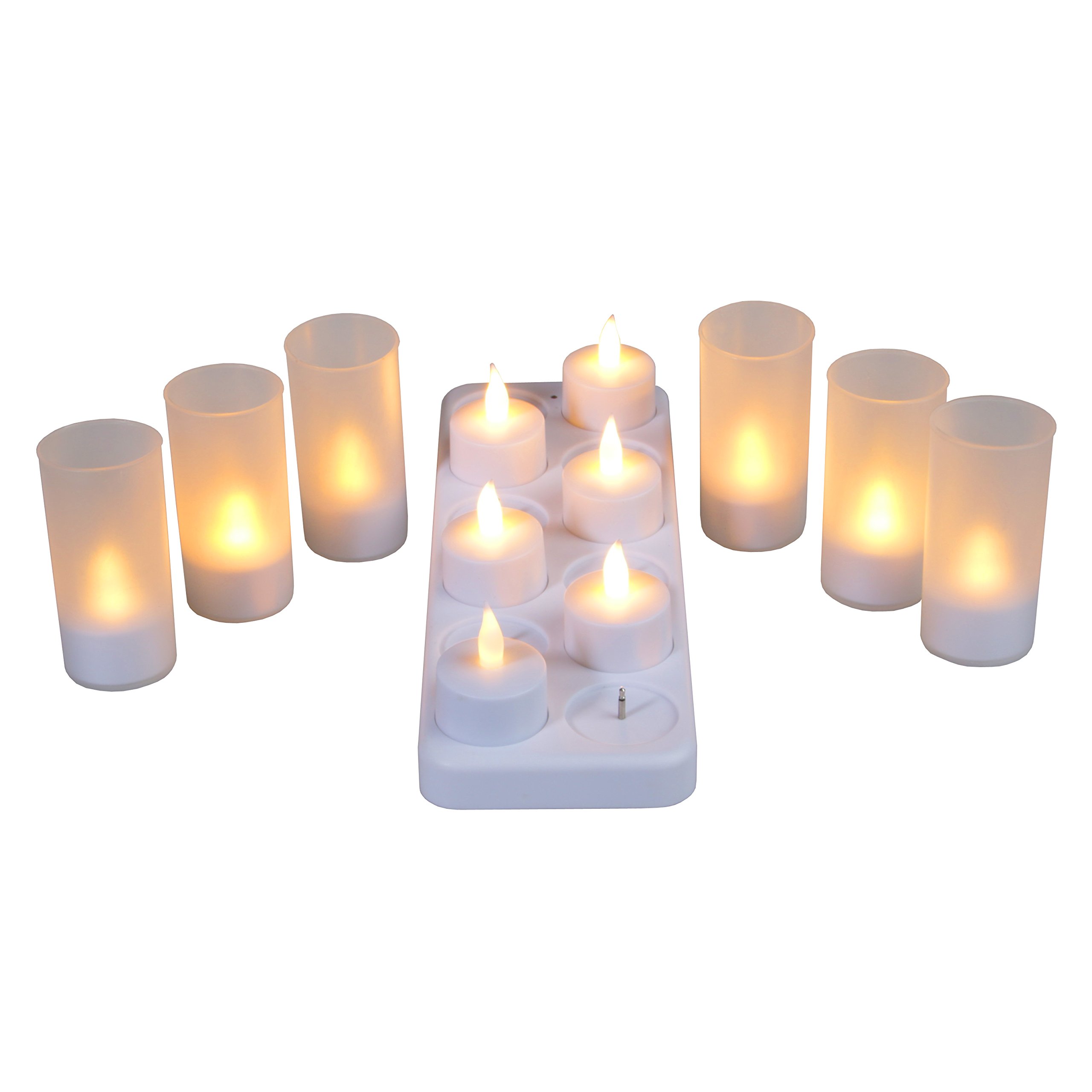 12er Set Deko Kerzen Led Teelichter gelb flackernd mit Windglas kabellos Akku aufladbar mit Ladestation Stimmungslicht