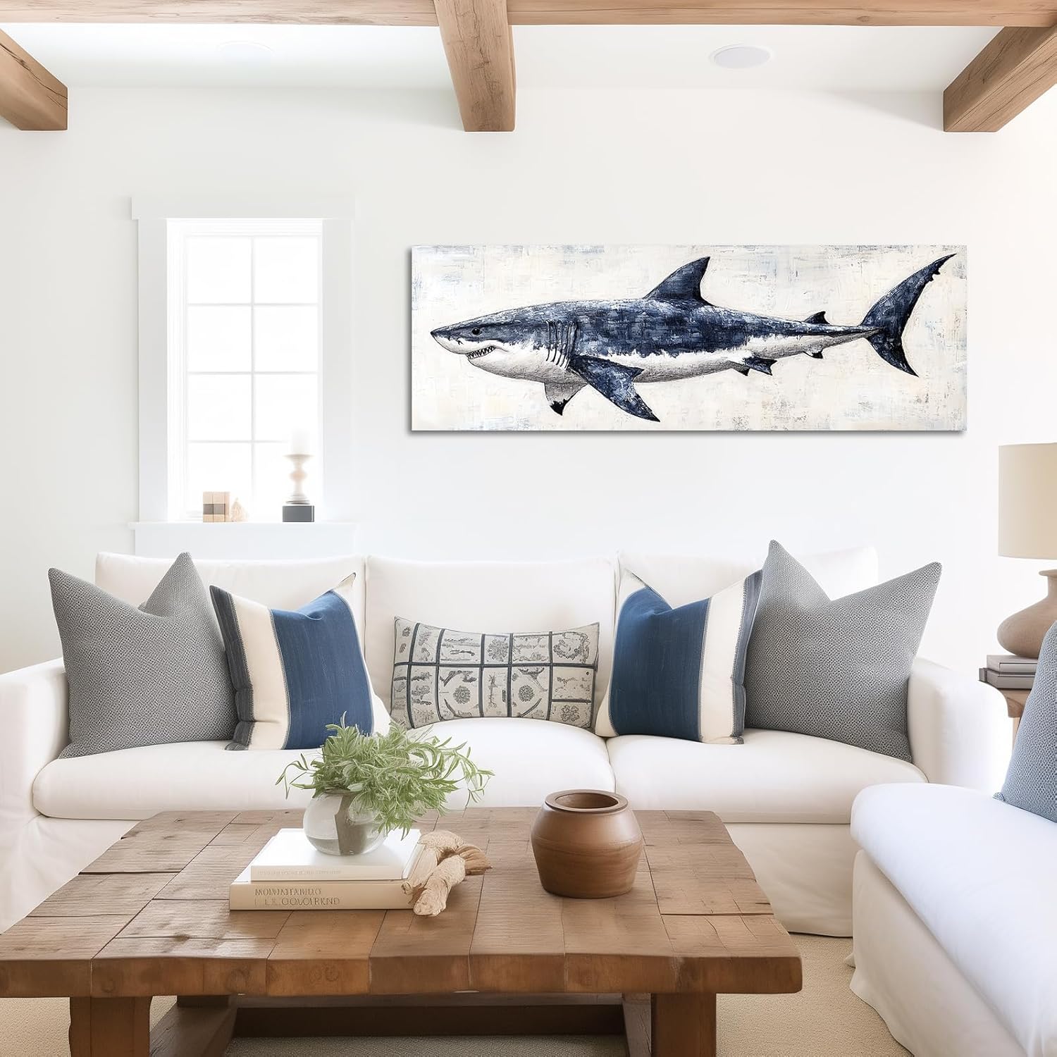 TIEHAOMAI Blue Shark Canvas Wall Art Premium Shark Pictures Nautical Marine Life Prints for Bedroom Decor（Fish-6,24x48inch (40x120cm)