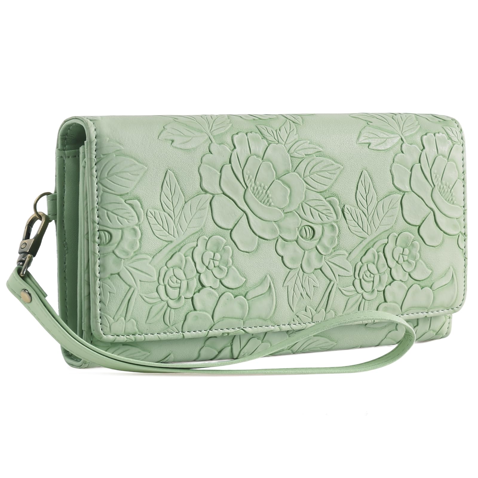 GAEKEAO Portafoglio Donna Grande con Stampa Floreale, Porta Carte in PU-Pelle, Portafogli Triplo con Polsino Rimovibile, Grande Capacità Pochette da Polso Donna con Protezione RFID, Clutch