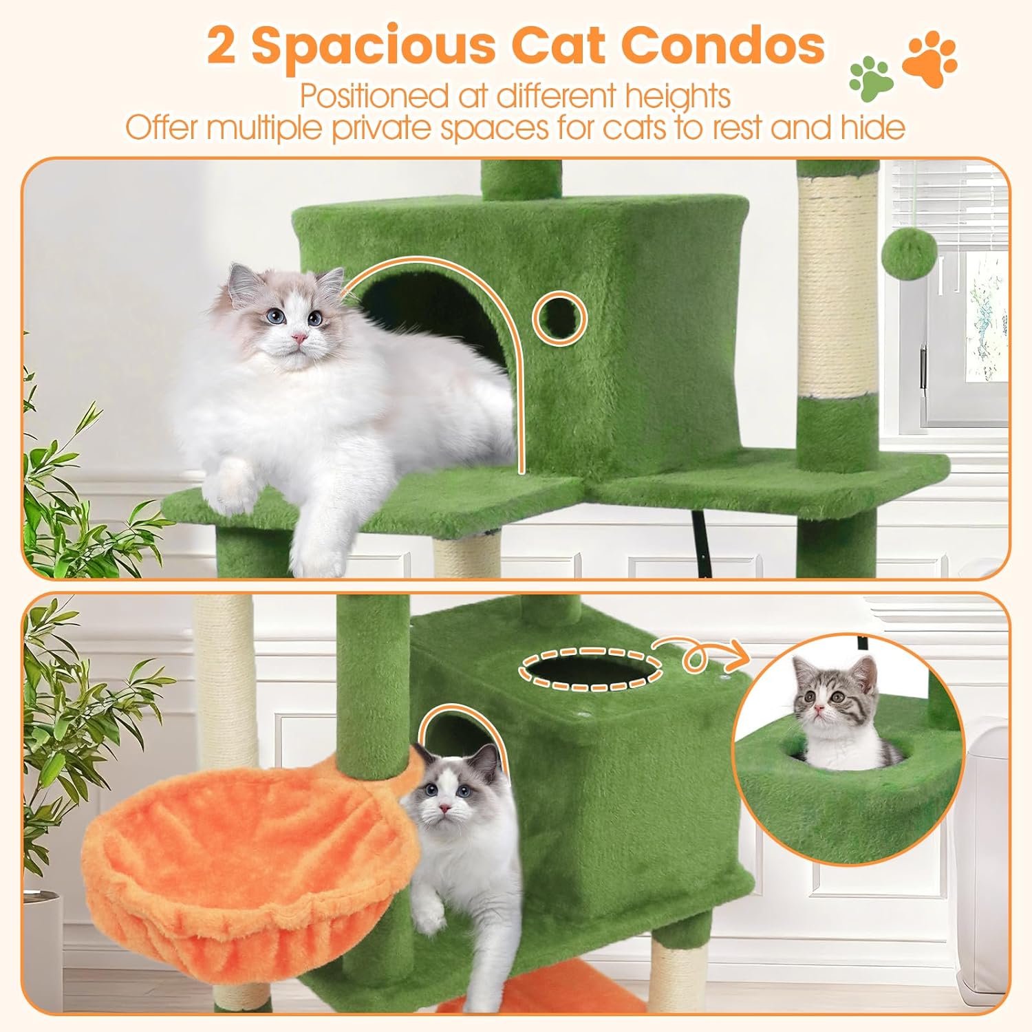 Tangkula 66 Inch Tall Cat Tree, Multi-Level Cat Tower with Sisal Scratching Posts, 2 Condos, Plush Perch, Hammock, Basket, Dangling Toys, Cat Climbing Furniture for Indoor Cats (Green+Orange)