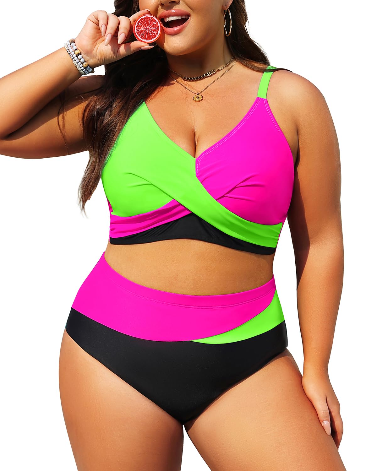 Plus Size Two Piece Swimsuit - Women High Waisted Bikini Set Tummy Control Bathing Suits