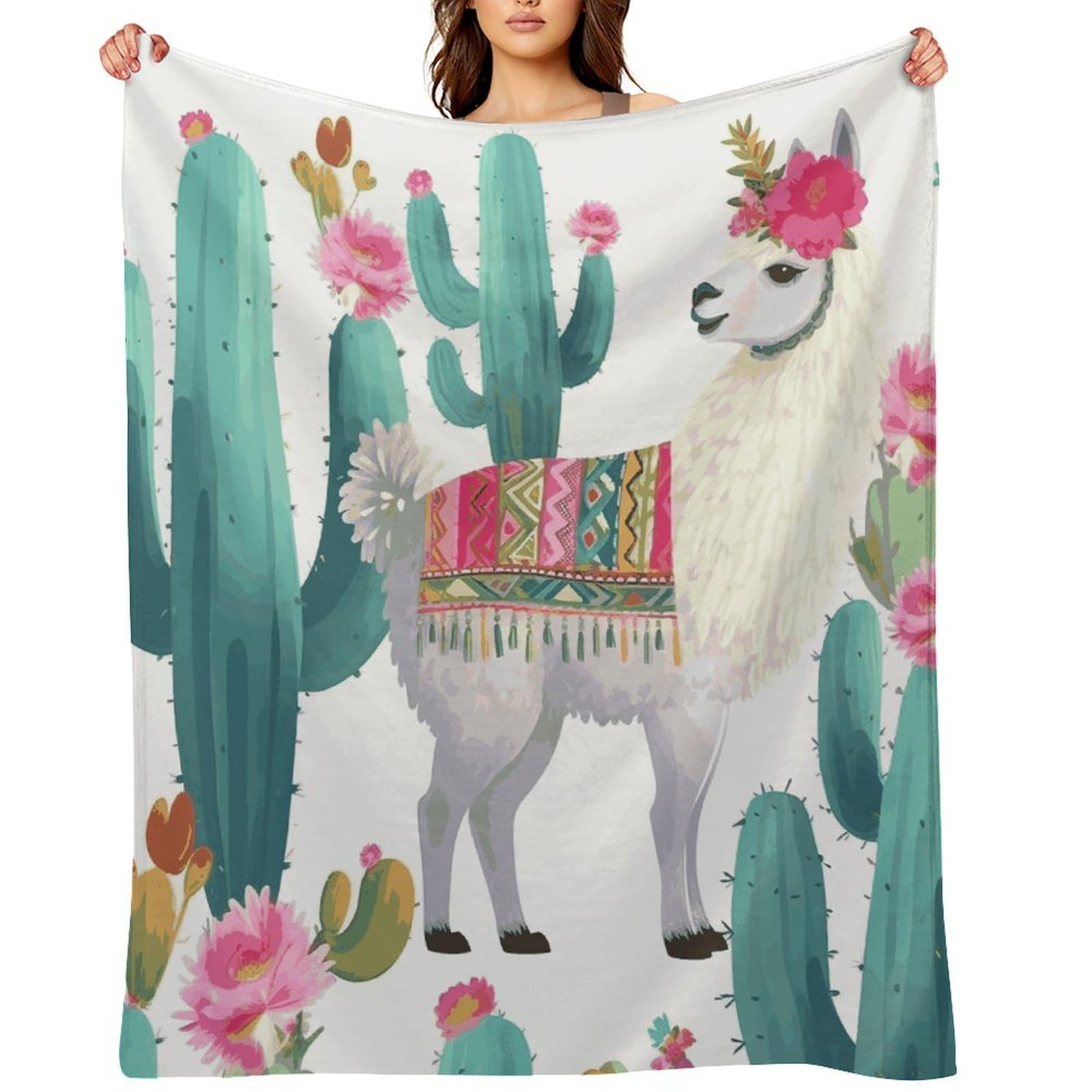 Tropical Llama Alpaca Cactus Flower Blankets Flannel Soft Blanket for Couch Warm Cozy Throw Blankets Fashion Bed Blanket Thick Bath Towel Bedspread Tapestry for Home Supplies Gift 60"x80"