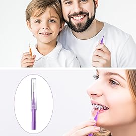 Patelai 100 Pieces Braces Brush for Cleaner Interdental Brush Toothpick Dental Flossing Head Oral Hygiene Flosser Tooth Cleaning Tool(Orange, Purple)