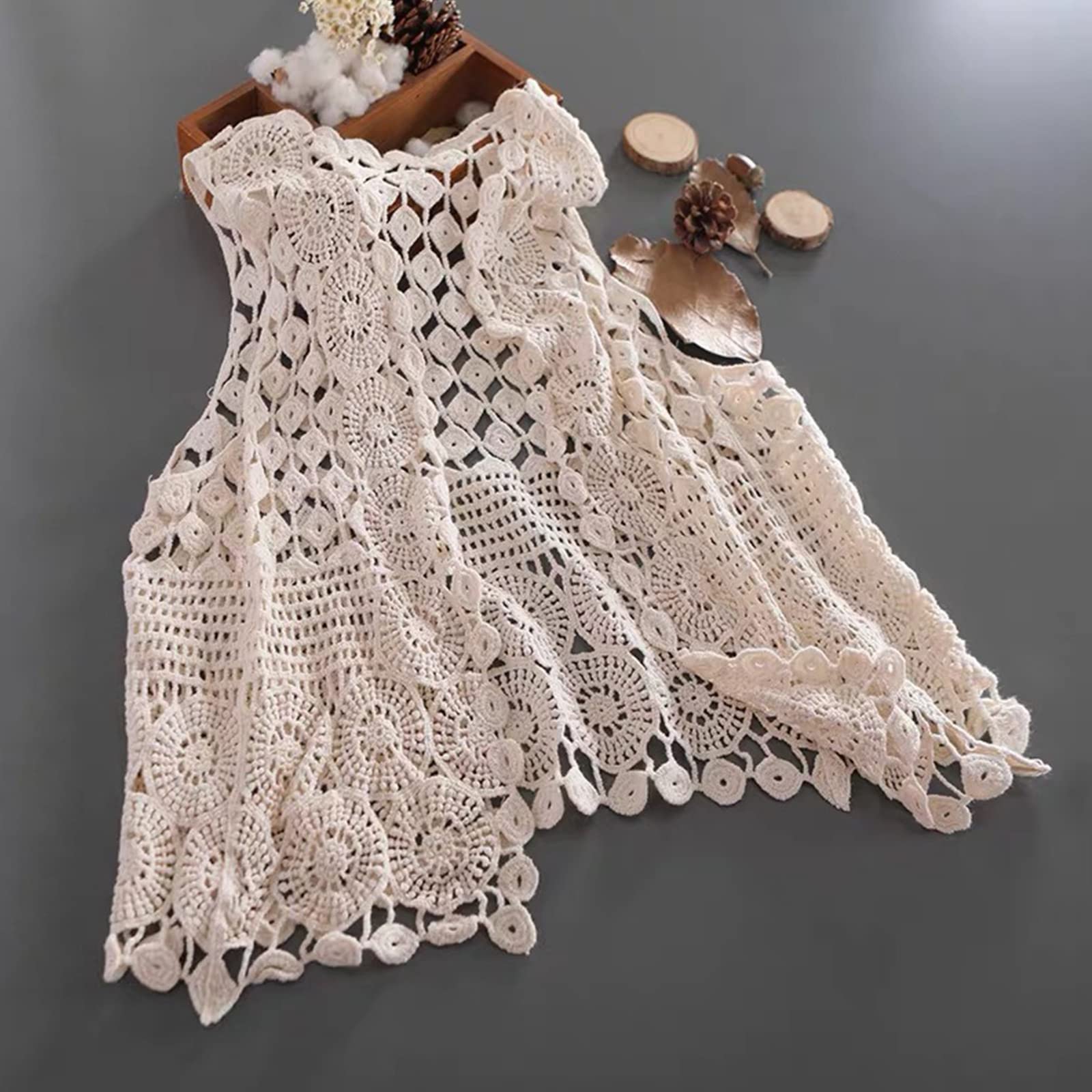 Chaleco sin Mangas de Crochet para Mujer, Estilo étnico, con Agujeros, Tejido geométrico, Color Liso, cárdigan, Blanco