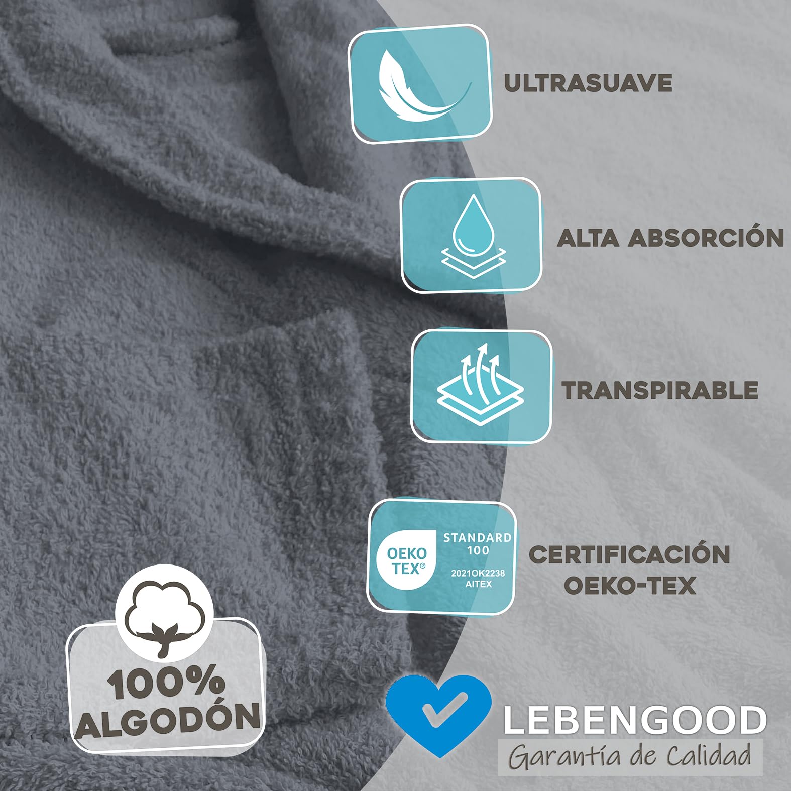 LEBENGOOD Albornoz Hombre 100% Algodón OEKO-TEX, Toalla Rizo Americano 450 gsm, Bata Baño, Tallas S M L XL XXL 3XL