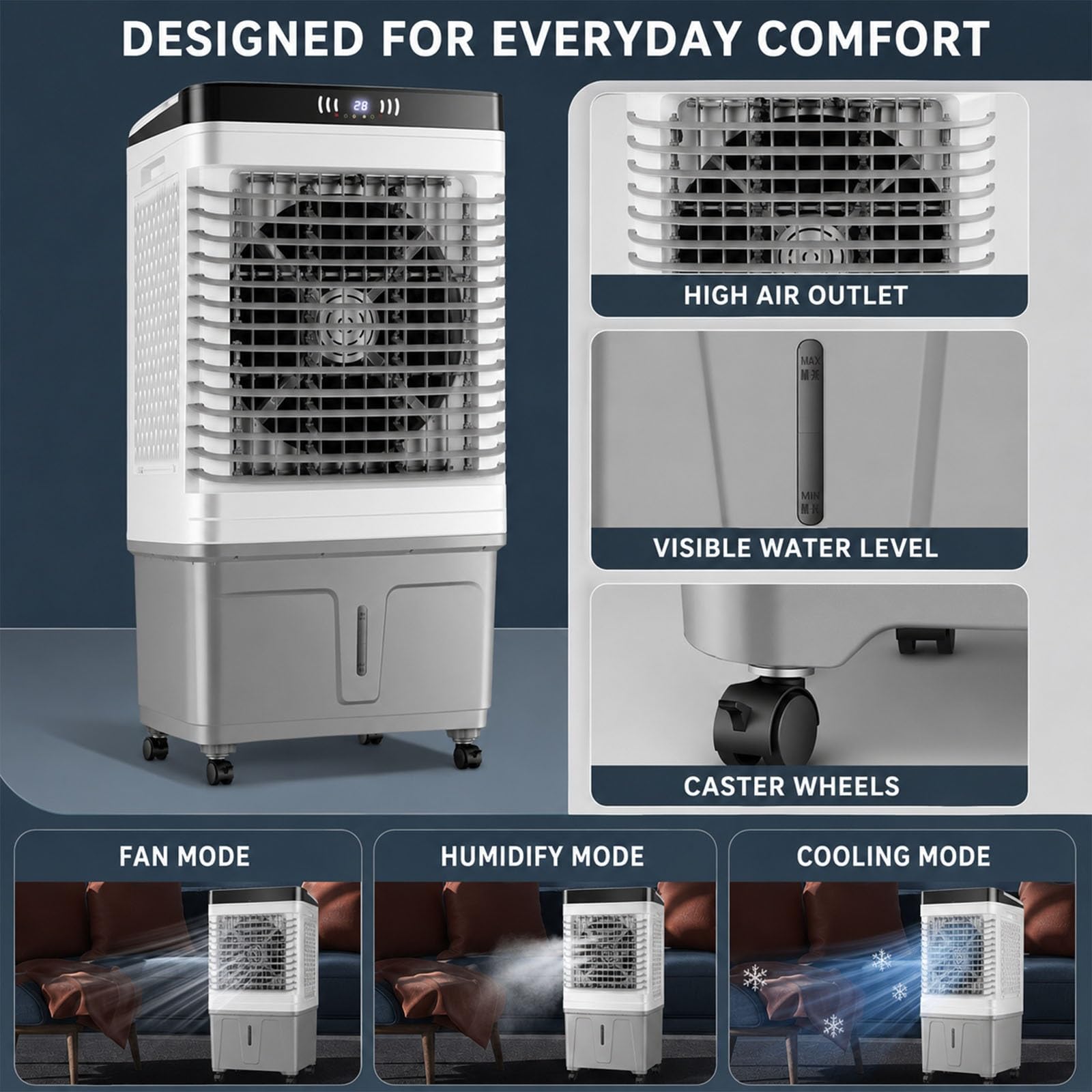 Climatizador Evaporativo Grande, 7000 m³/h con Depósito de 60 L, 8 Acumuladores de Frío, Oscilación 120°, 3 Velocidades, Mando a Distancia, Temporizador 7 h para Garaje, Patio, Hogar