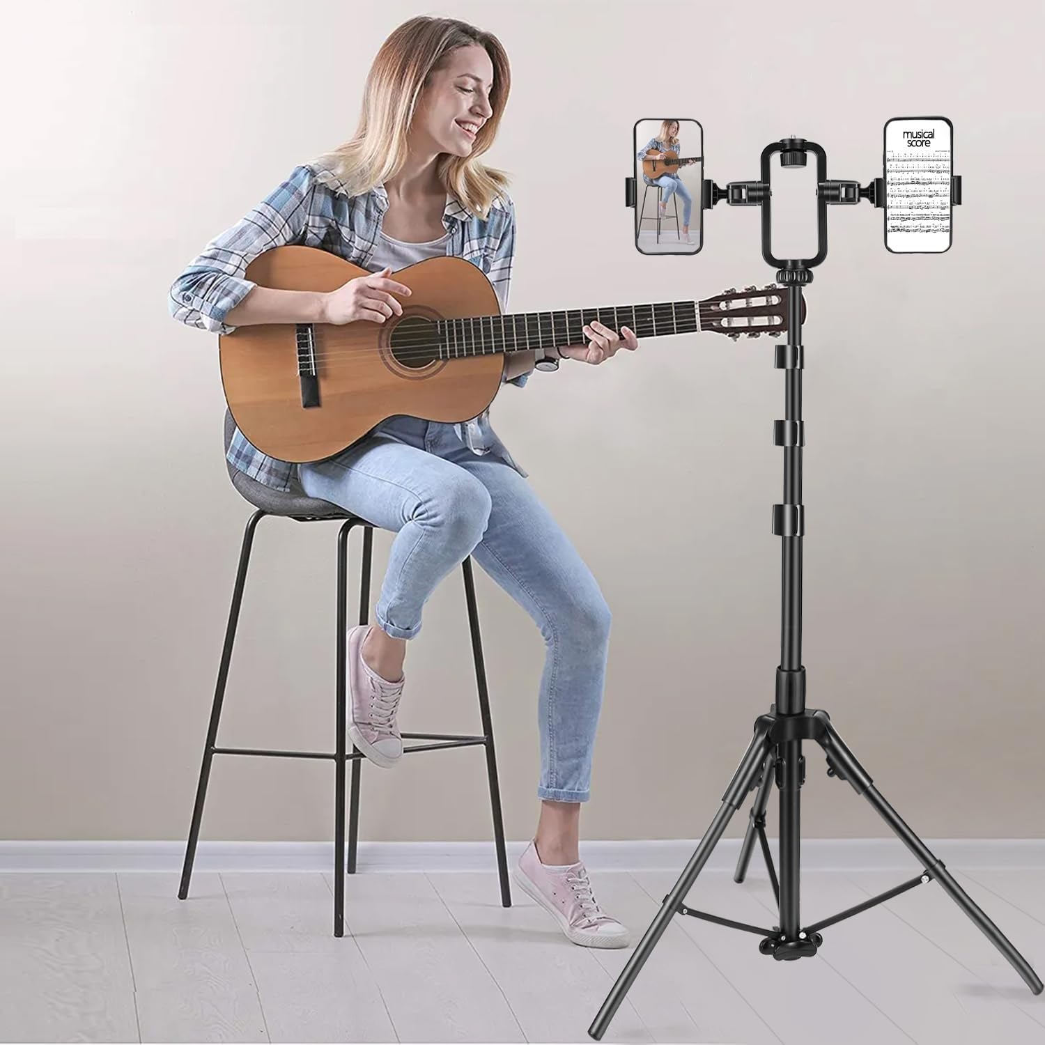 Tripode para Aro de Luz, Camara con 2 Soportes giratorios 360º para moviles, Altura Ajustable. para Panel de Iluminacion Fotografica.