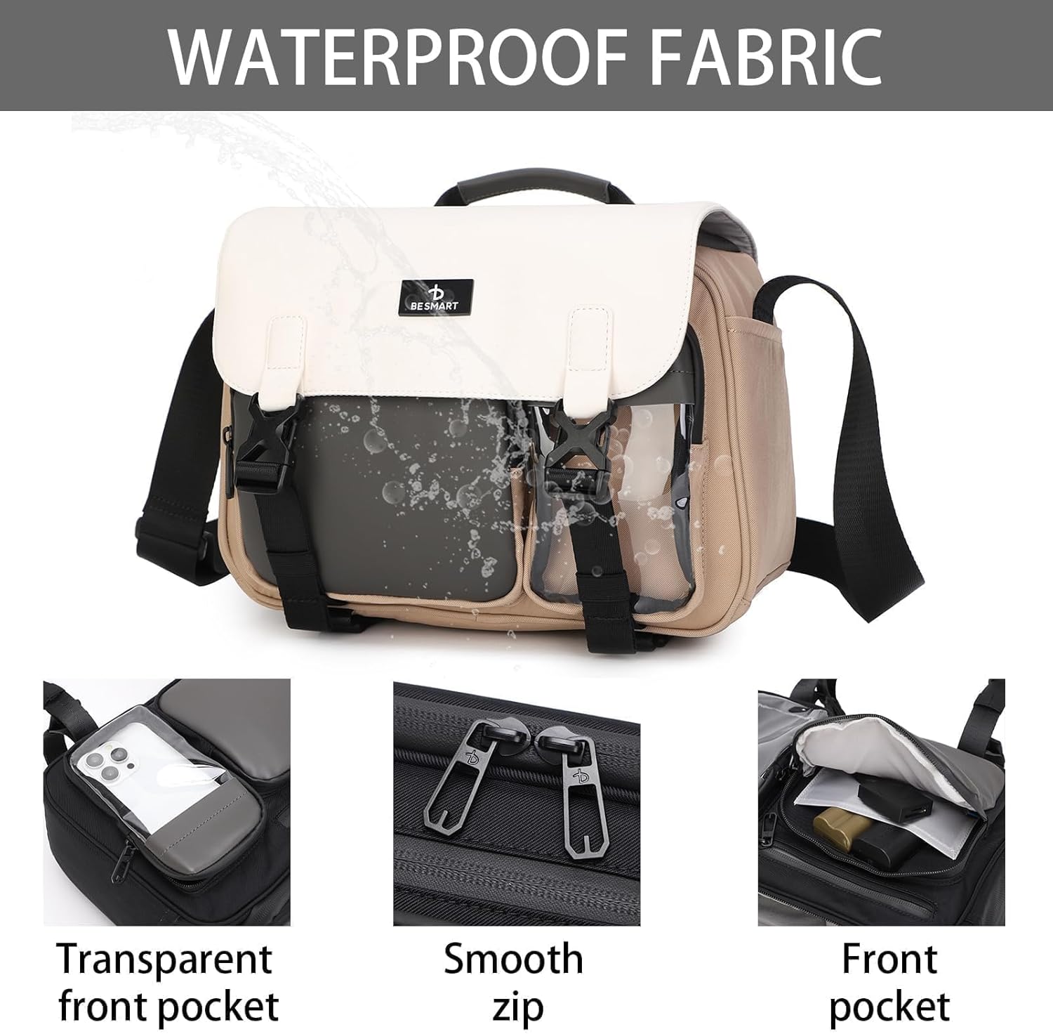 BESMART Waterproof Professional Camera Bag with Tripod & Trolley Sleeve, Shockproof Camera Case Shoulder Bags for DSLR/SLR/Mirrorless Cameras, Crossbody Sling Soft Padded Photography Bag (Khaki)