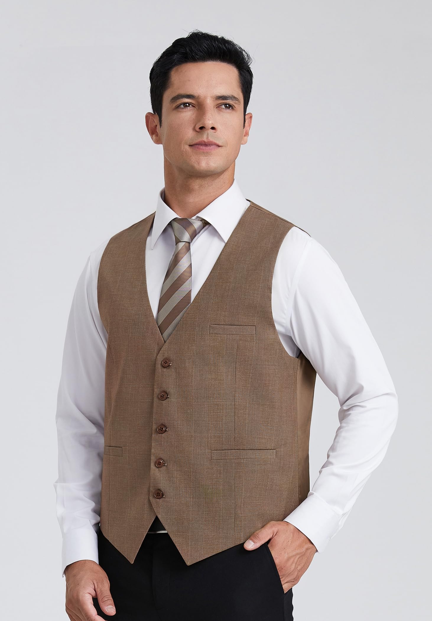 HISDERN Chalecos de Cuadros para Hombre de Vestir Chaleco Traje Escoces de Algodón Clásico Formal Elegantes de Fiesta Boda Con Bolsillos