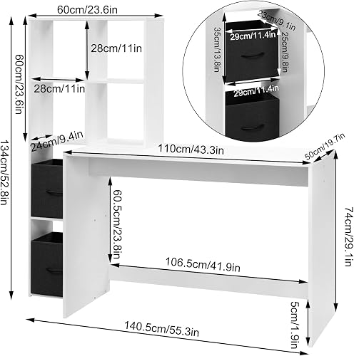 WOLTU Desk with Bookcase, Office Desk, Bookcase with 6 Open Compartments and 2 TNT Boxes, Computer Desk, Study, Bedroom, 140.5 x 50 x 134 cm, Wood, White, TS184ws - 6