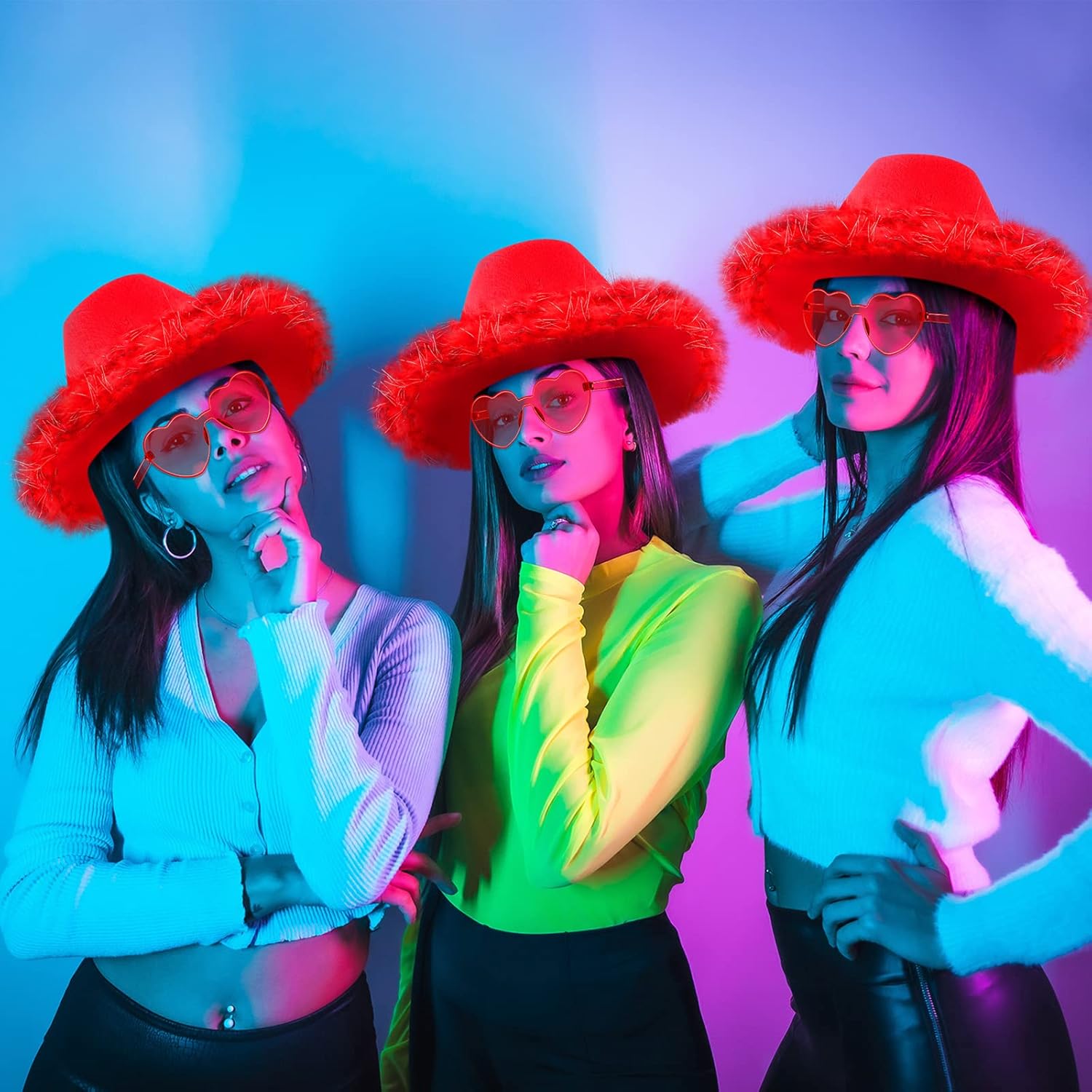 Zhanmai Cowboy Hat Cowgirl Hat with Feathers and Heart Sunglasses for Bachelorette Party, Costume Party - Image 4