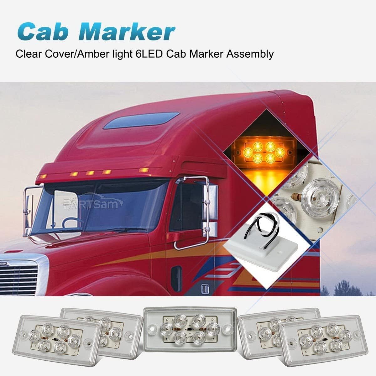 Partsam Replacement for Freightliner Century/Columbia Led Lights Kit Clear, 5x Rectangle Amber LED Cab Roof Top Clearance Marker Lights+2x 5-7/8" Teardrop Sleeper Amber Clearance Marker Lights