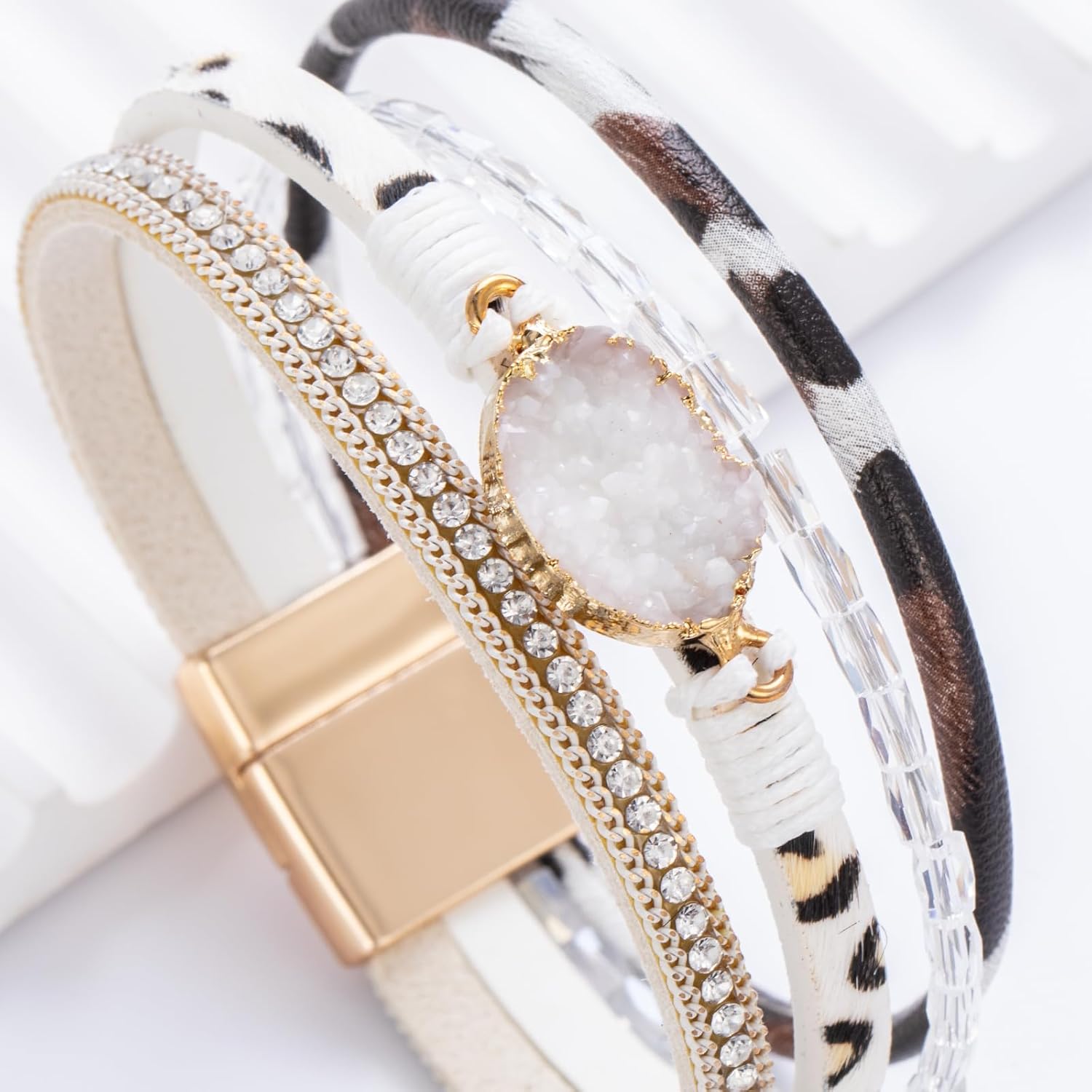 FANCY SHINY Boho Leather Wrap Bracelet Stackable Chunky Crystal Cuff Bracelets Western Jewelry Summer Beach Outfits for Women - Image 4